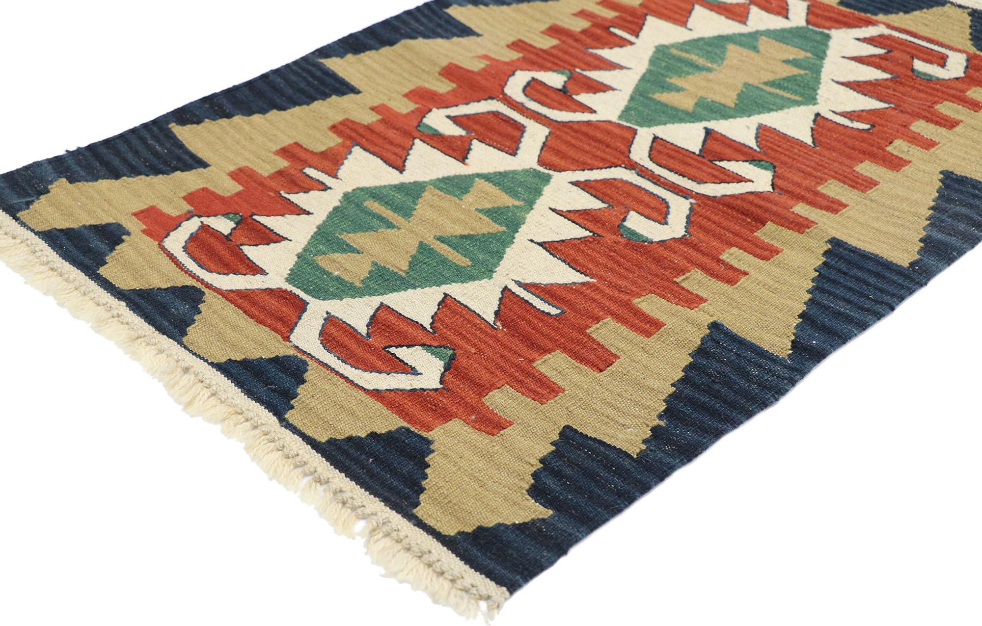 77903, vintage Persian Shiraz Kilim rug with Tribal style. Full of tiny details and a bold expressive design combined with vibrant colors and tribal style, this hand-woven wool vintage Persian Shiraz kilim rug is a captivating vision of woven