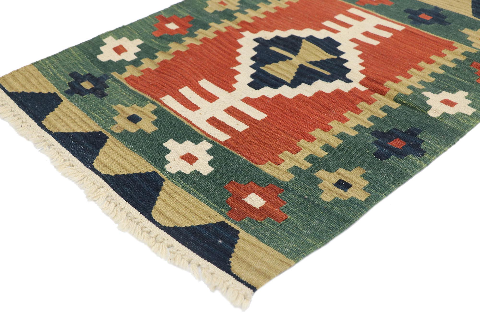 77901 Vintage Persian Shiraz Kilim rug with Tribal Style 02'00 x 02'10. Full of tiny details and a bold expressive design combined with vibrant colors and tribal style, this hand-woven wool vintage Persian Shiraz kilim rug is a captivating vision of