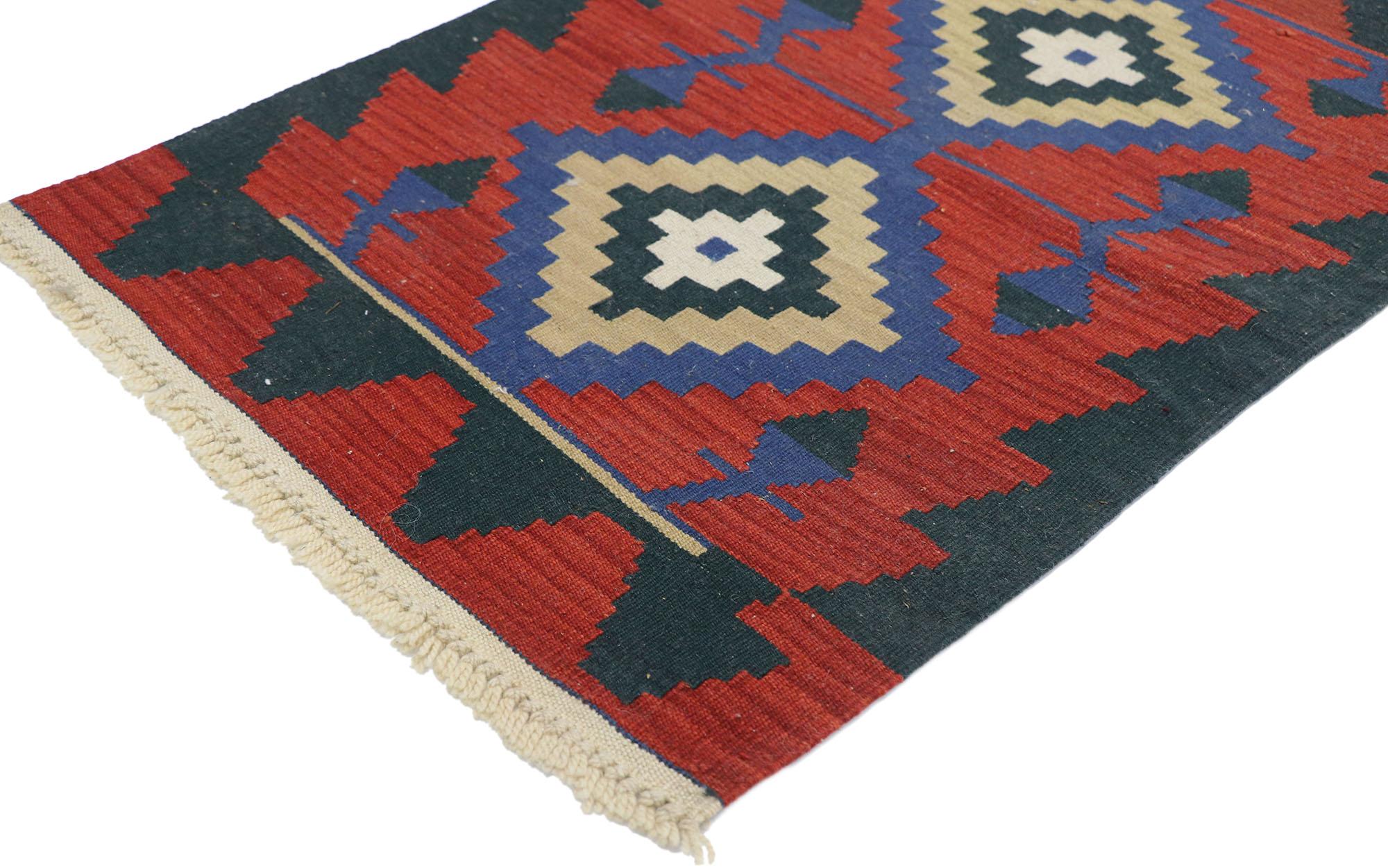 77898 Vintage Persian Shiraz Kilim rug with Tribal style 02'00 x 02'11. Full of tiny details and a bold expressive design combined with vibrant colors and tribal style, this hand-woven wool vintage Persian Shiraz kilim rug is a captivating vision of