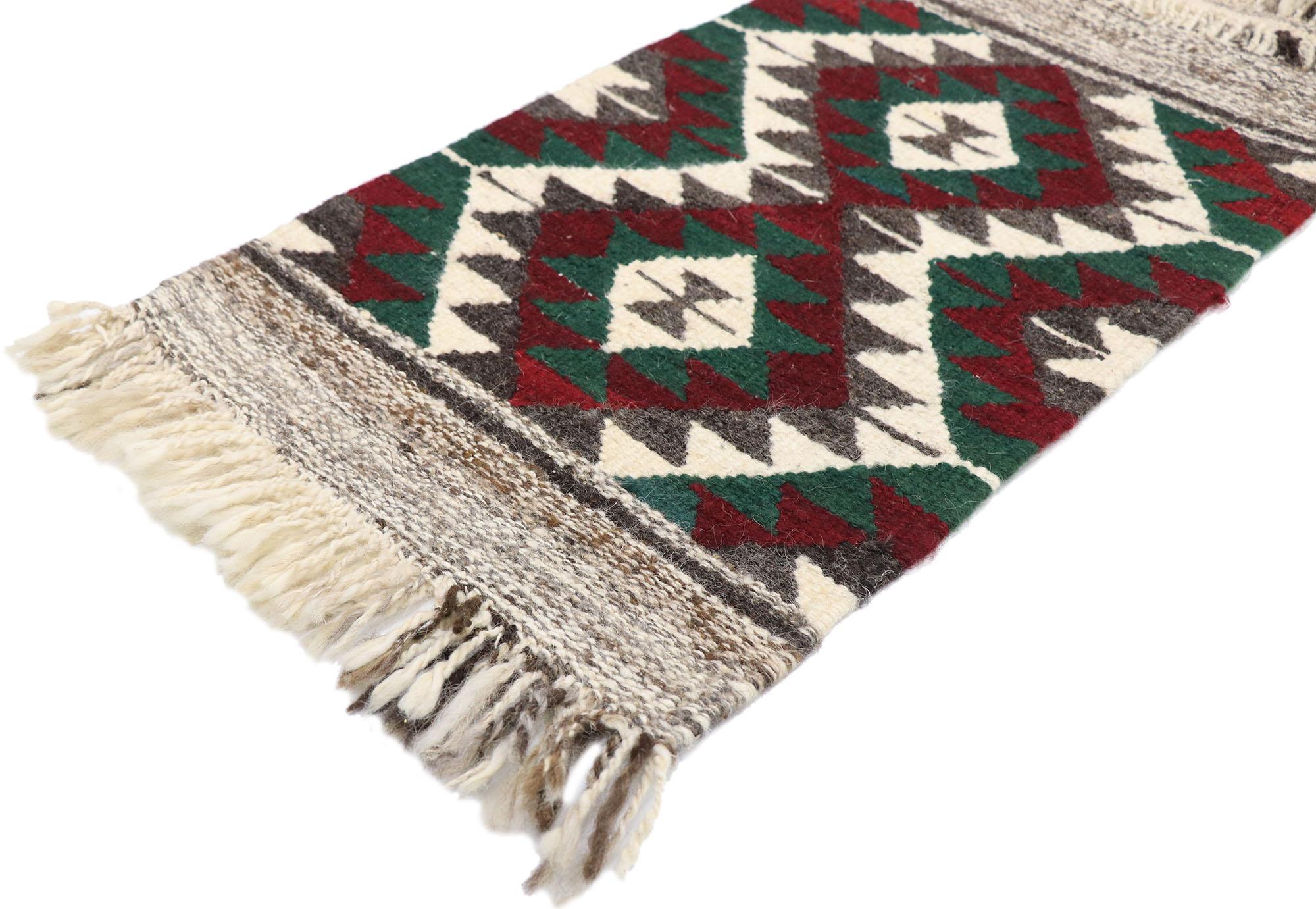 77896 Vintage Persian Shiraz Kilim rug with Tribal style 01'07 x 02'11. Full of tiny details and a bold expressive design combined with vibrant colors and tribal style, this hand-woven wool vintage Persian Shiraz kilim rug is a captivating vision of