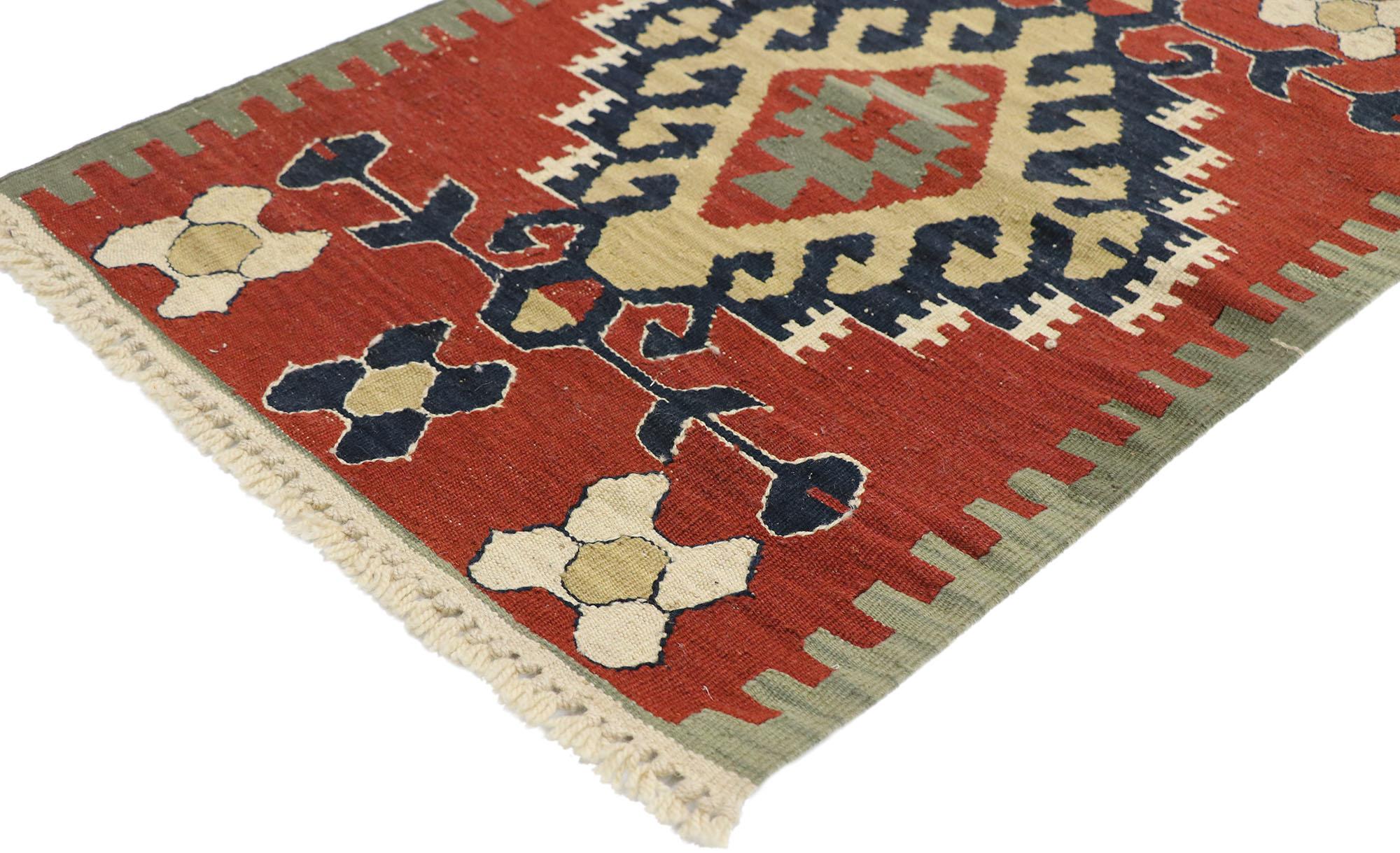 77894 vintage Persian Shiraz Kilim rug with Tribal style 02'00 x 02'10. Full of tiny details and a bold expressive design combined with vibrant colors and tribal style, this hand-woven wool vintage Persian Shiraz kilim rug is a captivating vision of