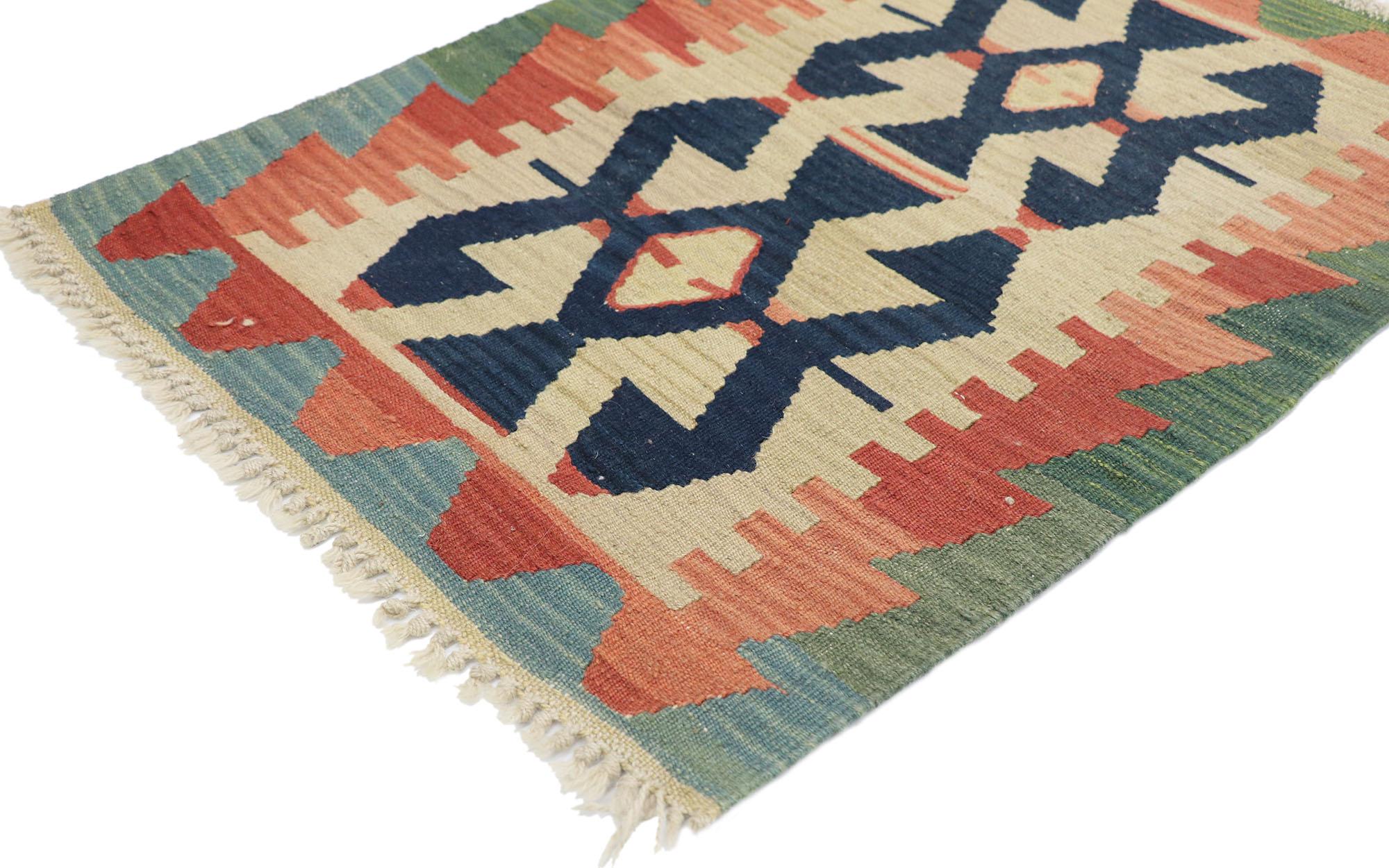 77893 Vintage Persian Shiraz Kilim rug with Tribal style 02'01 x 02'10. Full of tiny details and a bold expressive design combined with vibrant colors and tribal style, this hand-woven wool vintage Persian Shiraz kilim rug is a captivating vision of