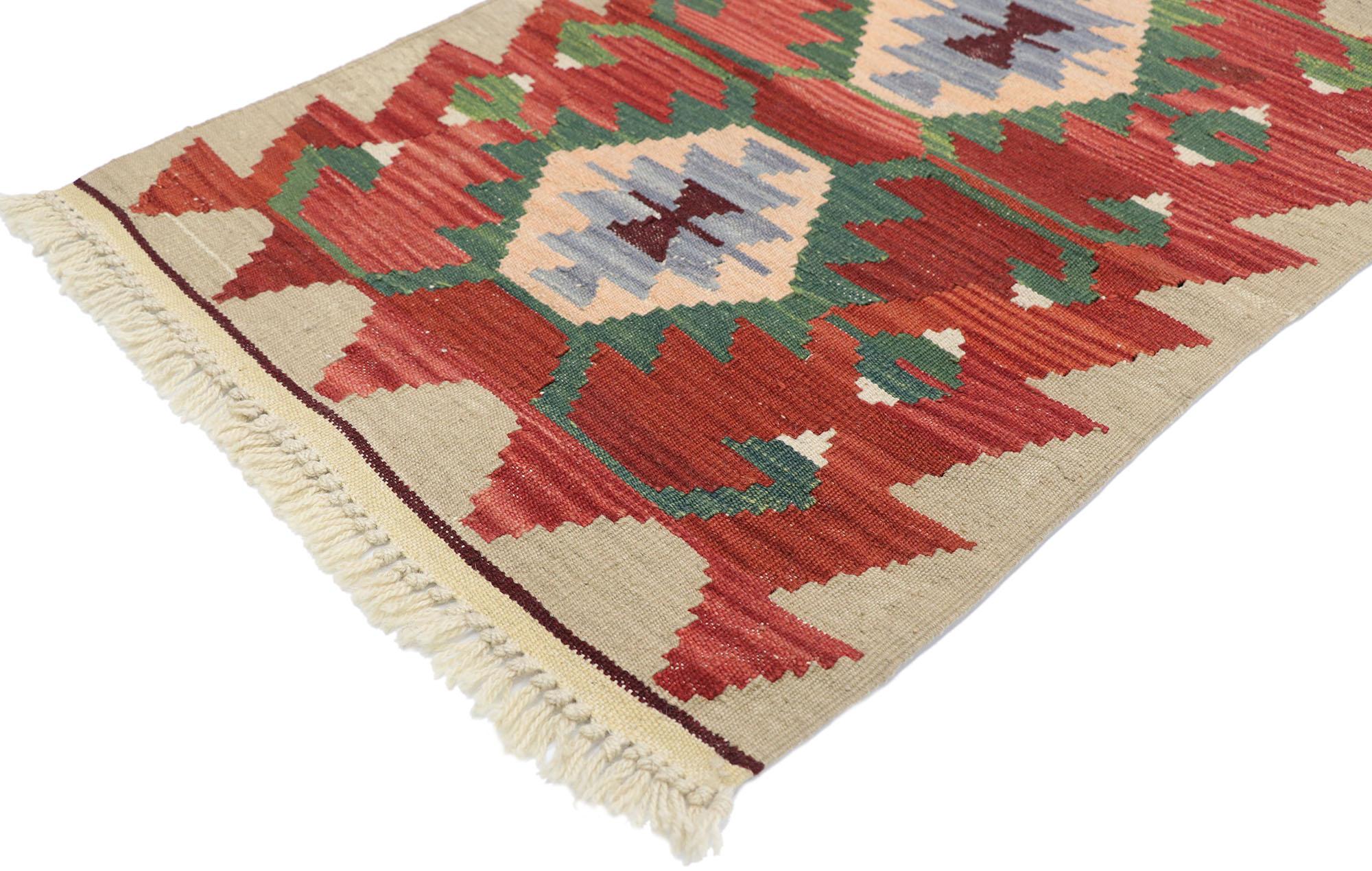 77892, vintage Persian Shiraz Kilim rug with Tribal style. Full of tiny details and a bold expressive design combined with vibrant colors and tribal style, this hand-woven wool vintage Persian Shiraz kilim rug is a captivating vision of woven