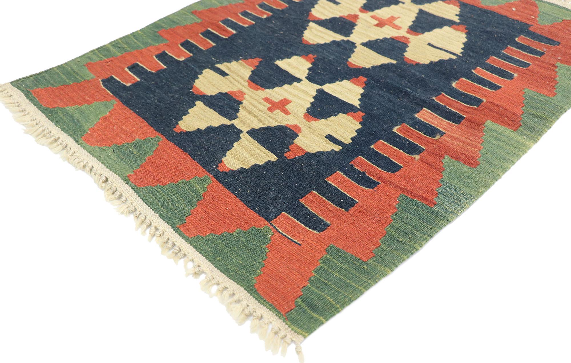 77891 Vintage Persian Shiraz Kilim rug with Tribal style 02'02 x 02'10. Full of tiny details and a bold expressive design combined with vibrant colors and tribal style, this hand-woven wool vintage Persian Shiraz kilim rug is a captivating vision of