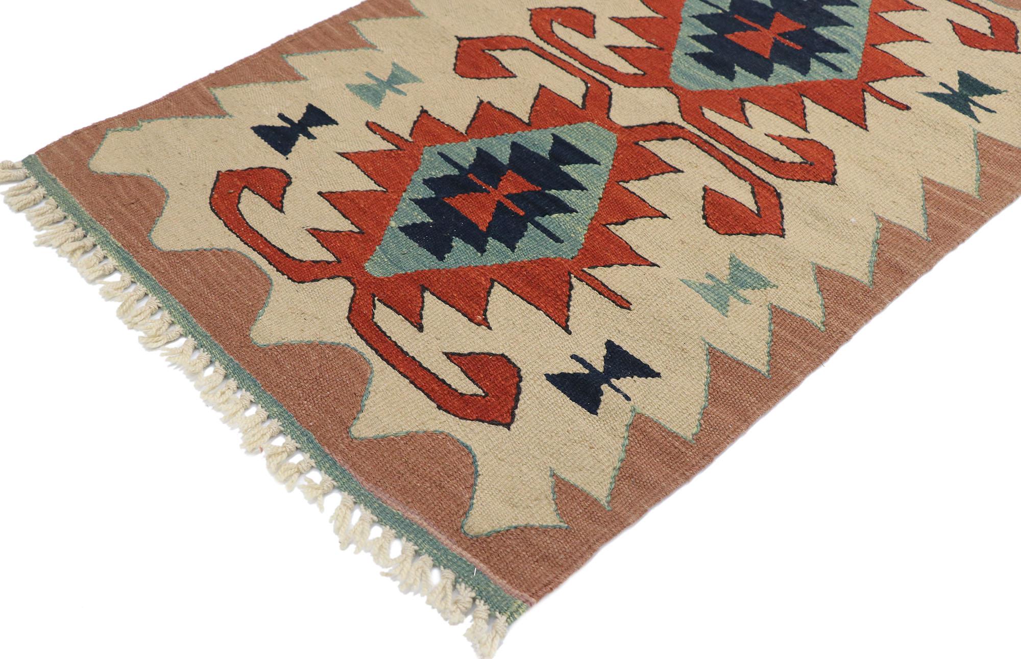 77859, vintage Persian Shiraz Kilim rug with Tribal style. Full of tiny details and a bold expressive design combined with vibrant colors and tribal style, this hand-woven wool vintage Persian Shiraz kilim rug is a captivating vision of woven