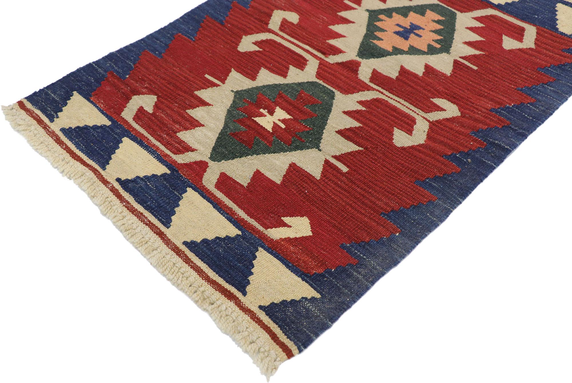 77858, vintage Persian Shiraz Kilim rug with Tribal style. Full of tiny details and a bold expressive design combined with vibrant colors and tribal style, this hand-woven wool vintage Persian Shiraz kilim rug is a captivating vision of woven