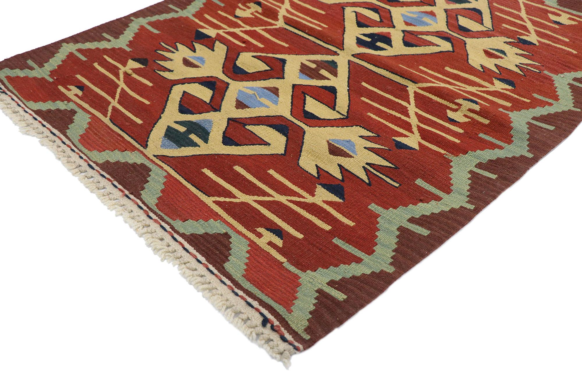 77853 Vintage Persian Shiraz Kilim rug with Tribal style 02'10 x 03'07. Full of tiny details and a bold expressive design combined with vibrant colors and tribal style, this hand-woven wool vintage Persian Shiraz kilim rug is a captivating vision of