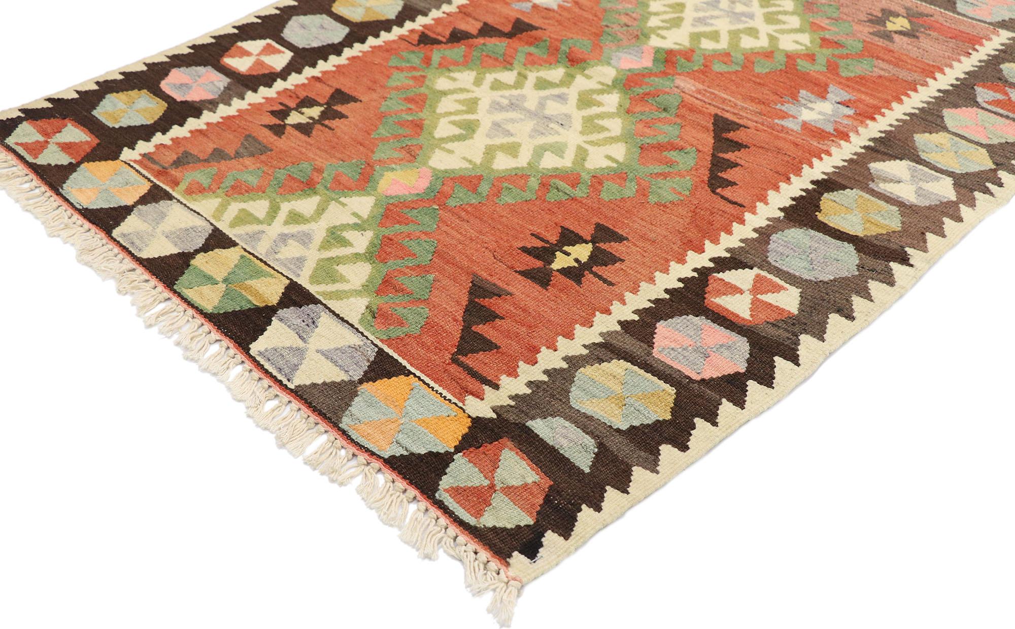 77850 Vintage Persian Shiraz Kilim rug with Tribal style 03'00 x 03'09. Full of tiny details and a bold expressive design combined with vibrant colors and tribal style, this hand-woven wool vintage Persian Shiraz kilim rug is a captivating vision of