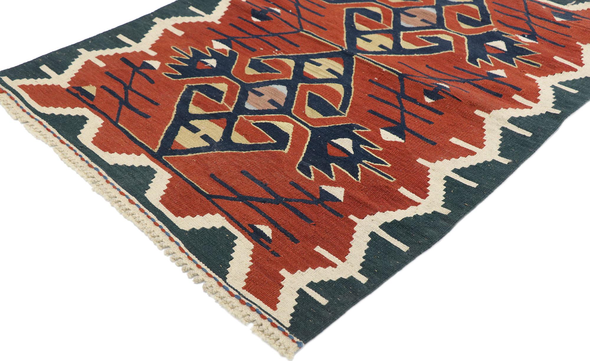 77842, vintage Persian Shiraz Kilim rug with Tribal style. Full of tiny details and a bold expressive design combined with vibrant colors and tribal style, this hand-woven wool vintage Persian Shiraz kilim rug is a captivating vision of woven