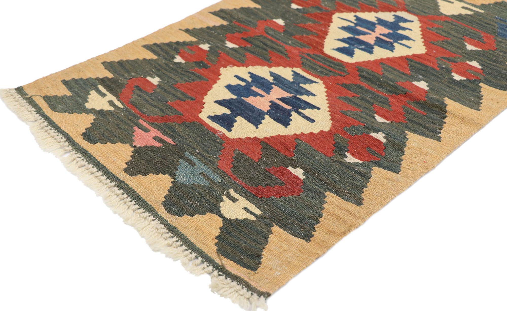 77886, Vintage Persian Shiraz Kilim rug with Tribal Style 01'11 x 02'10. Full of tiny details and a bold expressive design combined with vibrant colors and tribal style, this hand-woven wool vintage Persian Shiraz kilim rug is a captivating vision