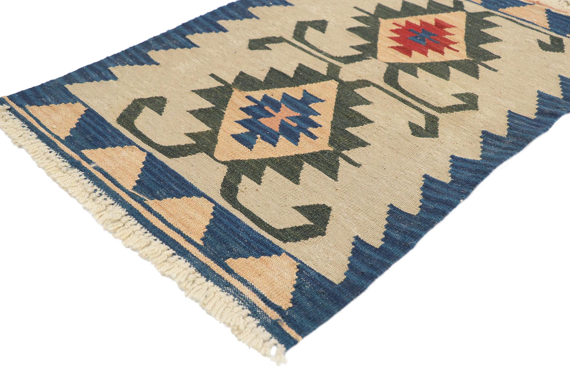 77885, vintage Persian Shiraz Kilim rug with Tribal style. Full of tiny details and a bold expressive design combined with vibrant colors and tribal style, this hand-woven wool vintage Persian Shiraz kilim rug is a captivating vision of woven
