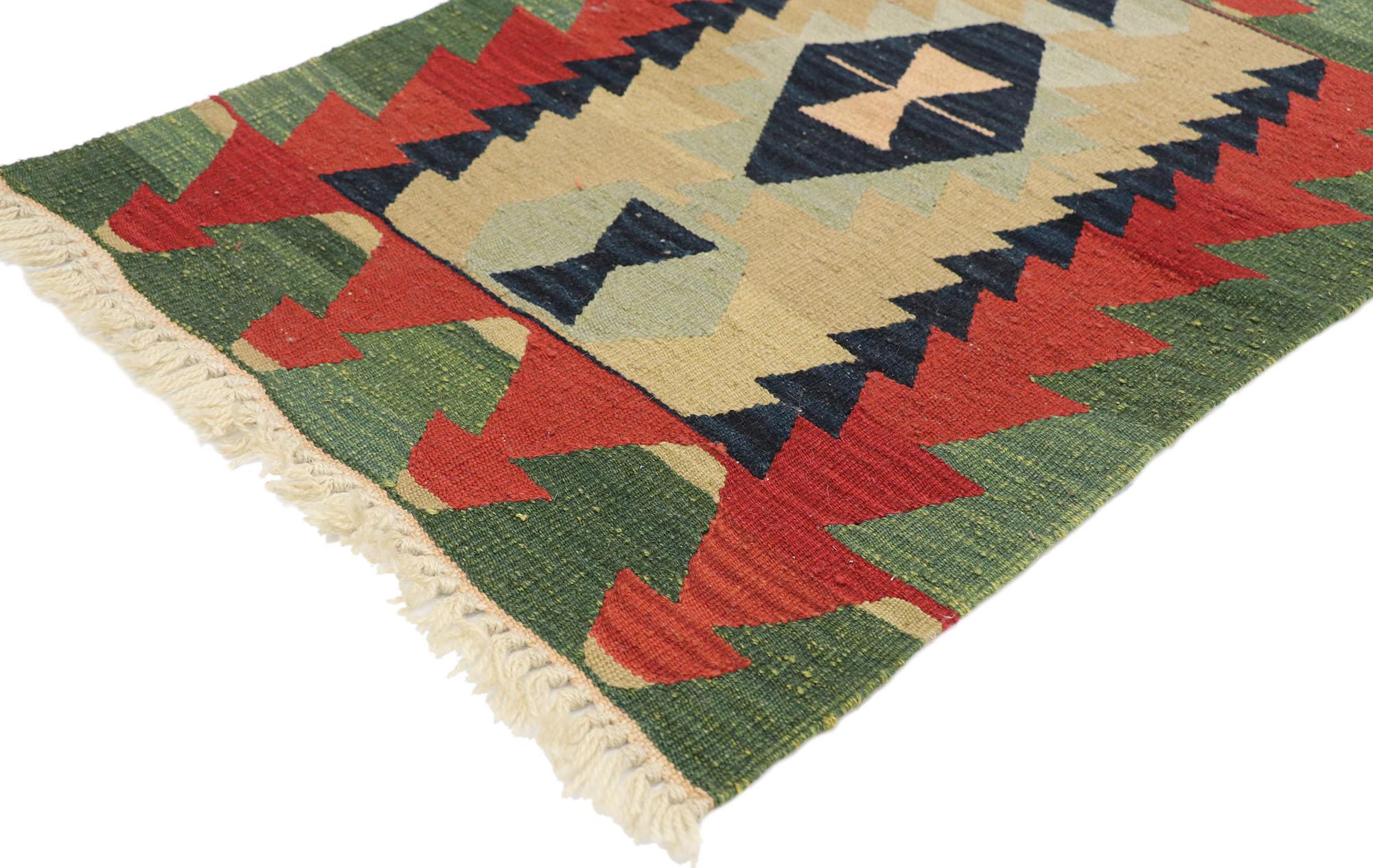 77884, Vintage Persian Shiraz Kilim rug with Tribal Style 02'00 x 02'10. Full of tiny details and a bold expressive design combined with vibrant colors and tribal style, this hand-woven wool vintage Persian Shiraz kilim rug is a captivating vision