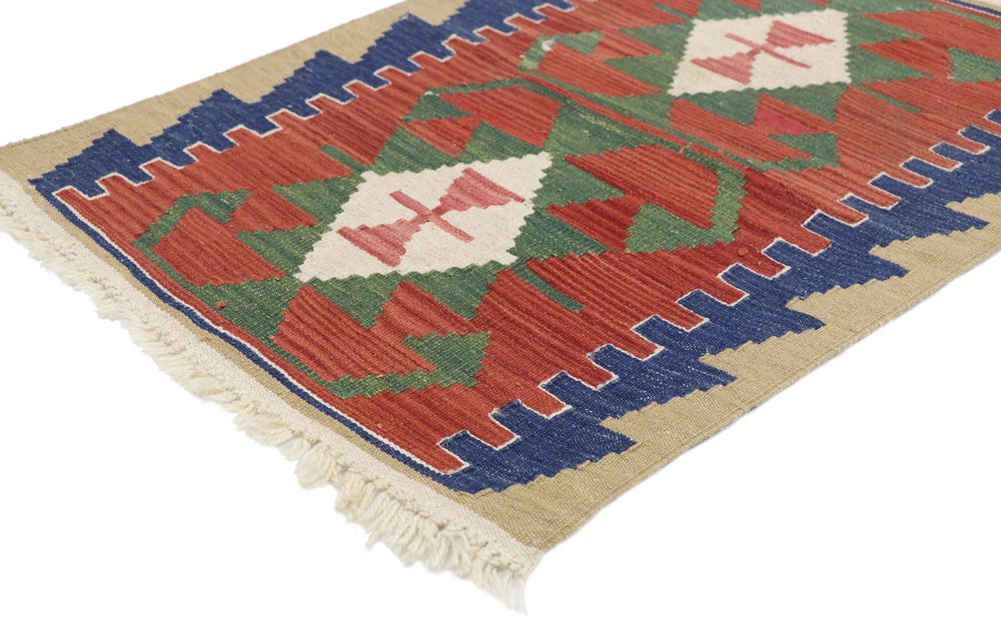 77881, vintage Persian Shiraz Kilim rug with Tribal style. Full of tiny details and a bold expressive design combined with vibrant colors and tribal style, this hand-woven wool vintage Persian Shiraz kilim rug is a captivating vision of woven