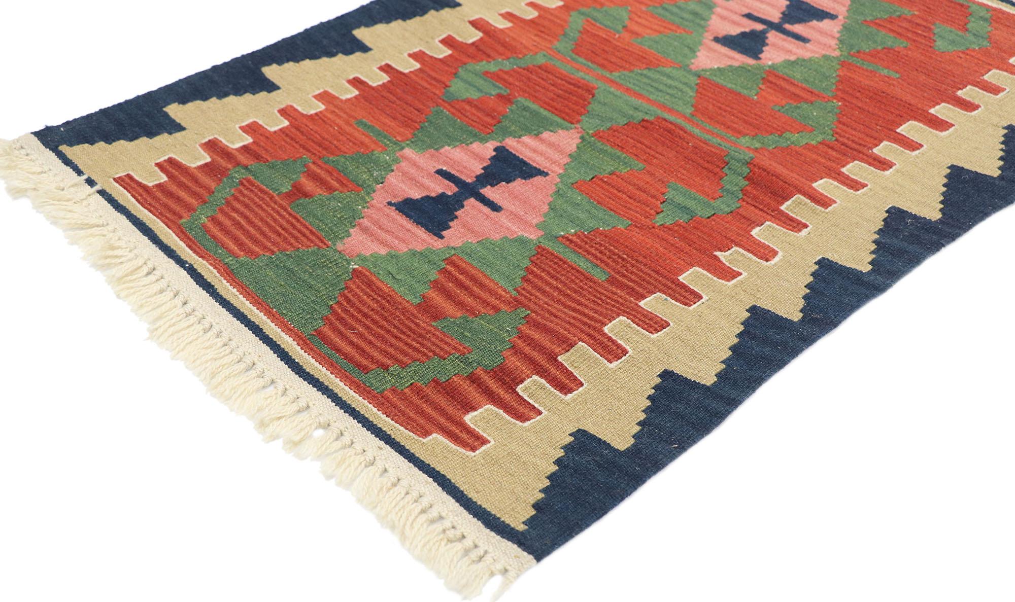 77880, Vintage Persian Shiraz Kilim rug with Tribal style 02'00 x 03'00. Full of tiny details and a bold expressive design combined with vibrant colors and tribal style, this hand-woven wool vintage Persian Shiraz kilim rug is a captivating vision