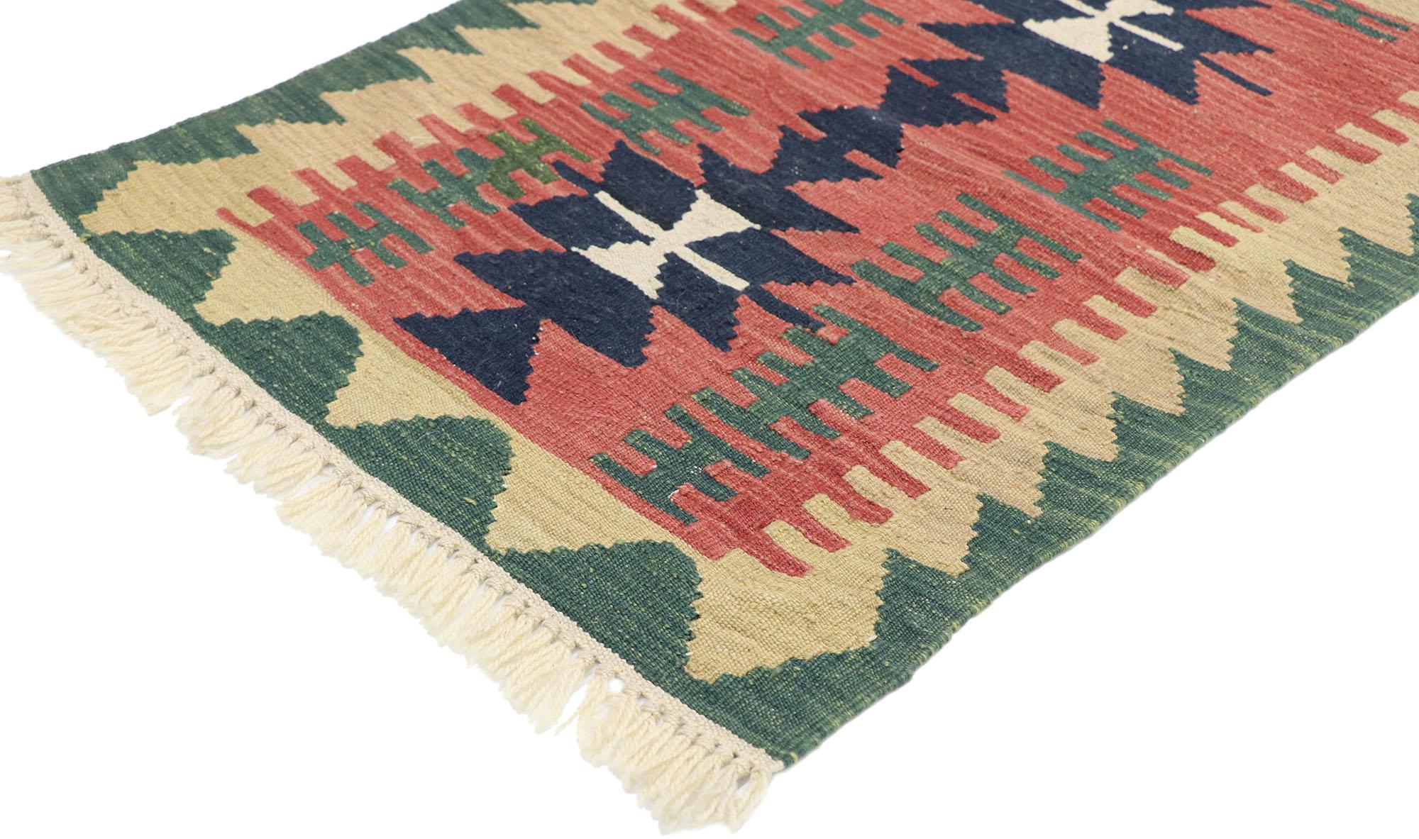 77878, Vintage Persian Shiraz Kilim rug with Tribal style 02'01 x 02'11. Full of tiny details and a bold expressive design combined with vibrant colors and tribal style, this hand-woven wool vintage Persian Shiraz kilim rug is a captivating vision