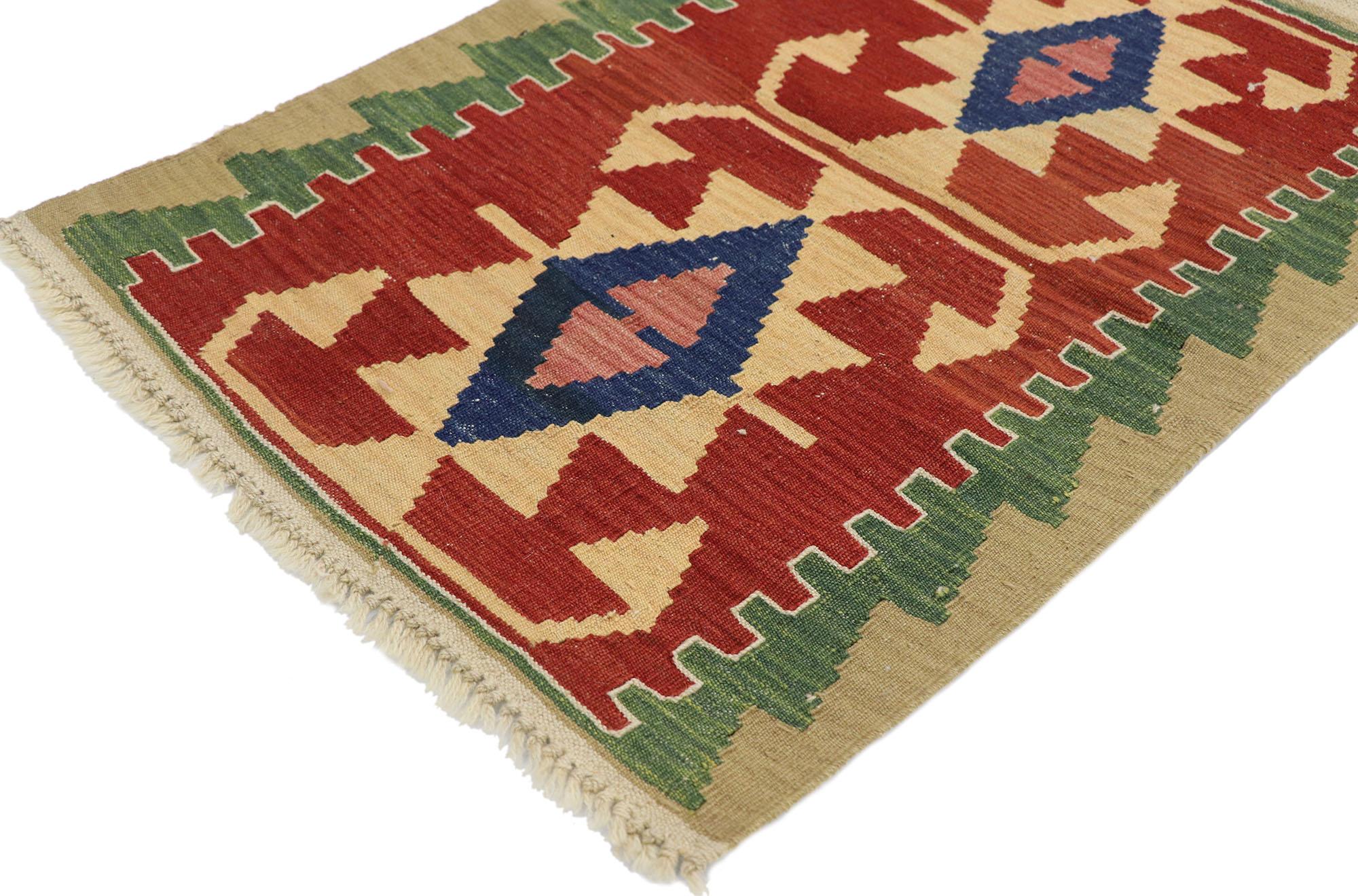 77877, Vintage Persian Shiraz Kilim rug with Tribal Style 02'02 x 03'00. Full of tiny details and a bold expressive design combined with vibrant colors and tribal style, this hand-woven wool vintage Persian Shiraz kilim rug is a captivating vision