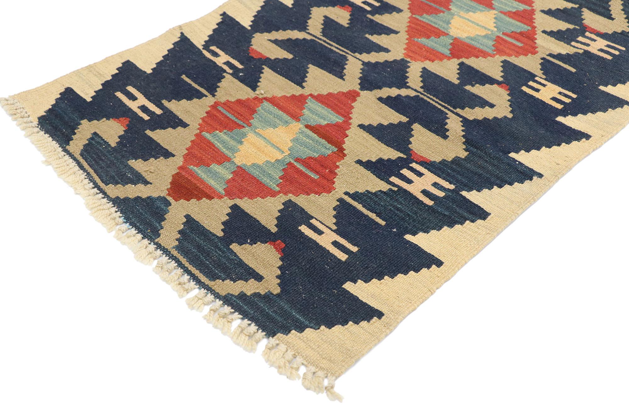 77862, Vintage Persian Shiraz Kilim rug with Tribal Style 02'00 x 02'11. Full of tiny details and a bold expressive design combined with vibrant colors and tribal style, this hand-woven wool vintage Persian Shiraz kilim rug is a captivating vision