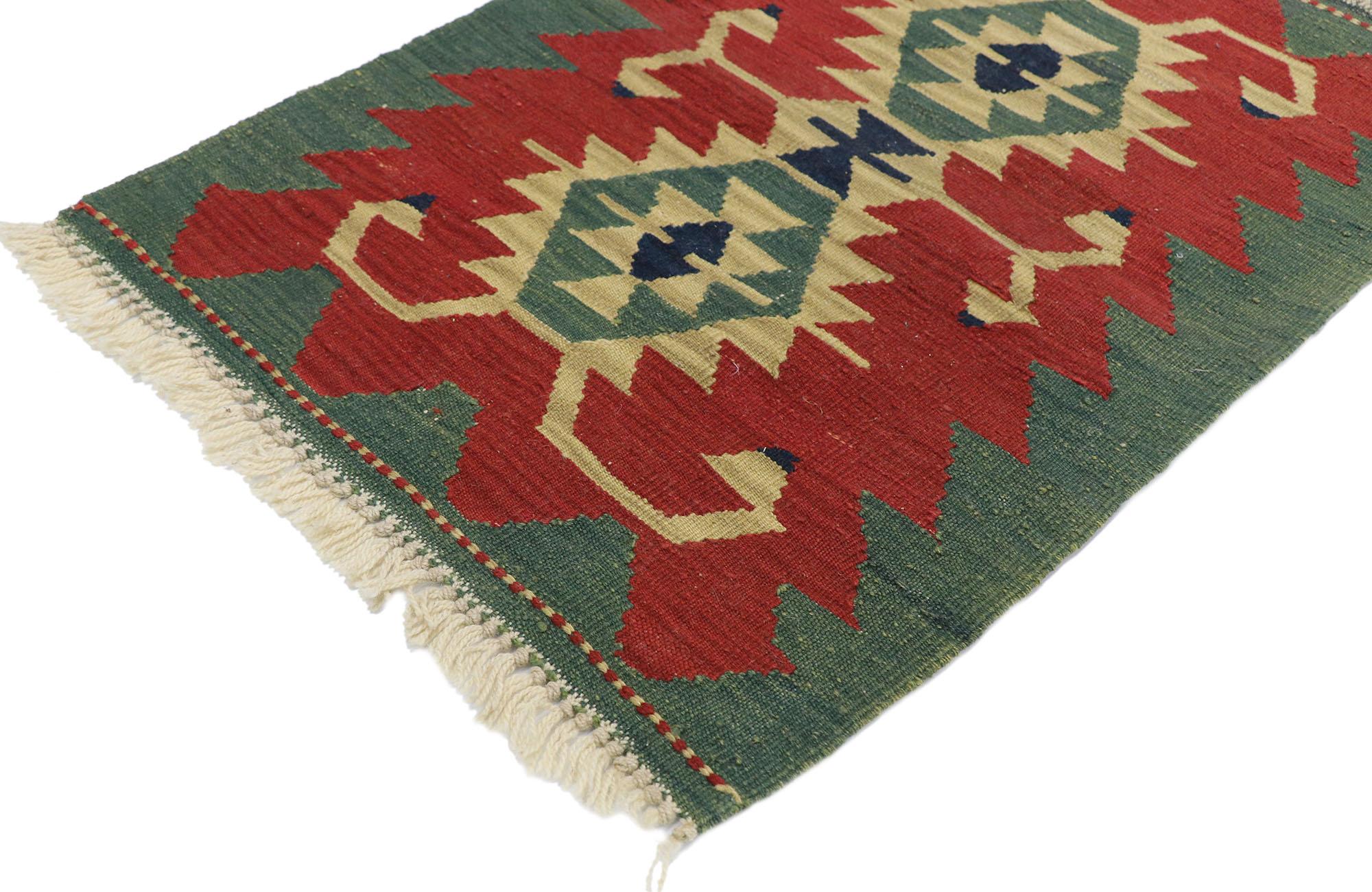 77860, Vintage Persian Shiraz Kilim rug with Tribal Style 02'00 x 02'09. Full of tiny details and a bold expressive design combined with vibrant colors and tribal style, this hand-woven wool vintage Persian Shiraz kilim rug is a captivating vision