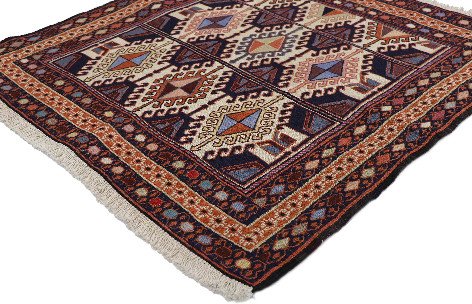 78039 vintage Persian Shiraz Kilim rug with Tribal style 02'11 x 03'01. Full of tiny details and a bold expressive design combined with vibrant colors and tribal style, this hand-woven wool vintage Persian Shiraz kilim rug is a captivating vision of