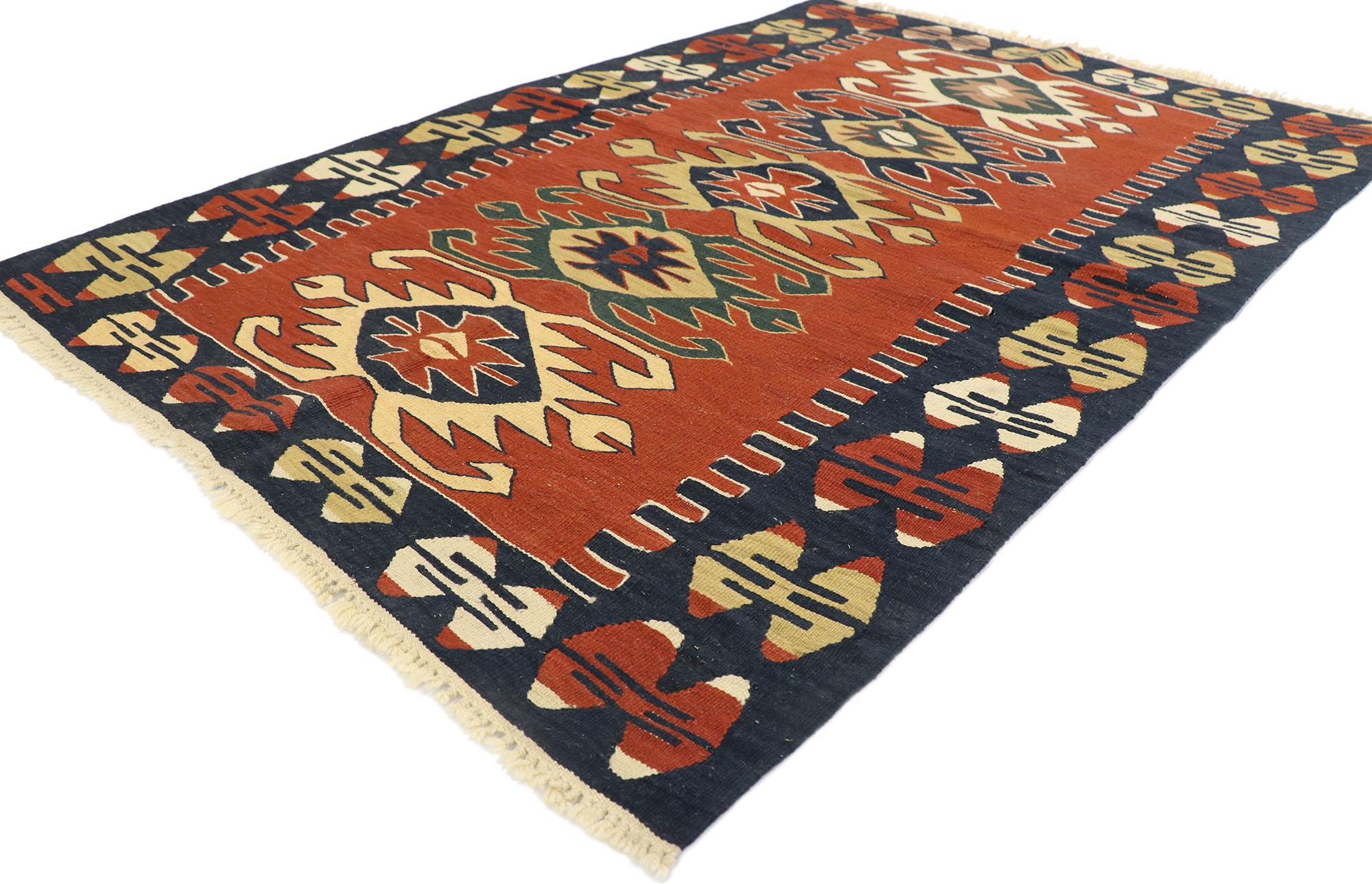 77996 Vintage Persian Shiraz Kilim rug with Tribal Style 03'09 x 05'07. Full of tiny details and a bold expressive design combined with vibrant colors and tribal style, this hand-woven wool vintage Persian Shiraz kilim rug is a captivating vision of