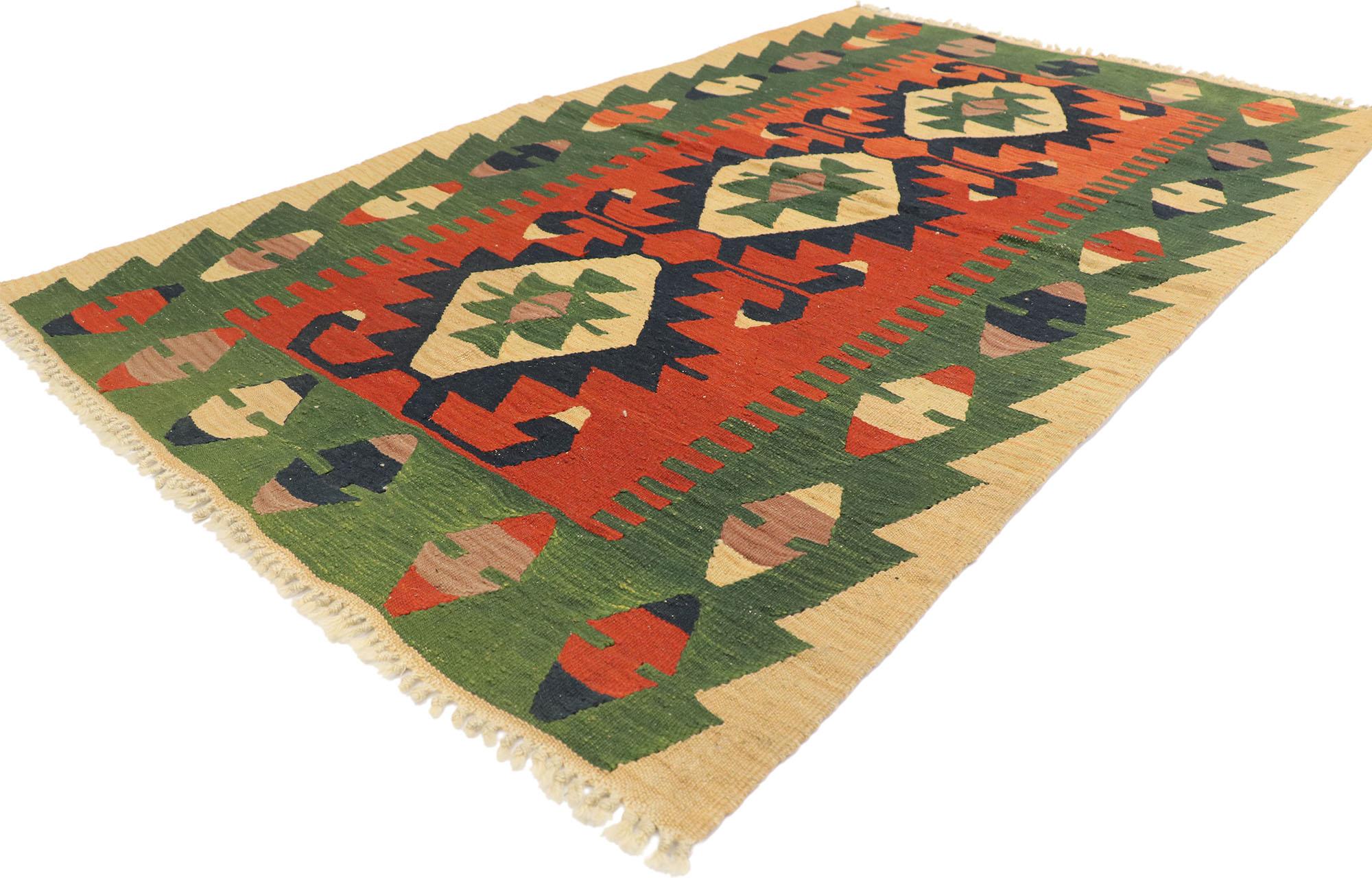 77981 Vintage Persian Shiraz Kilim rug with Tribal style 03'07 x 05'09. Full of tiny details and a bold expressive design combined with vibrant colors and tribal style, this hand-woven wool vintage Persian Shiraz kilim rug is a captivating vision of