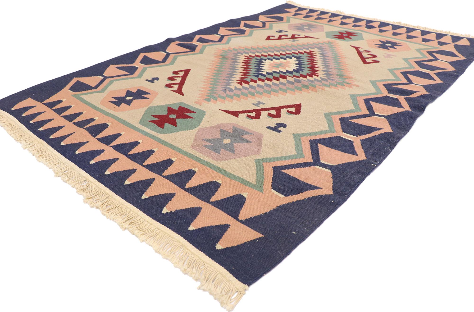 77987 Vintage Persian Shiraz Kilim rug with Tribal Style 03'10 x 05'10. Full of tiny details and a bold expressive design combined with vibrant colors and tribal style, this hand-woven wool vintage Persian Shiraz kilim rug is a captivating vision of