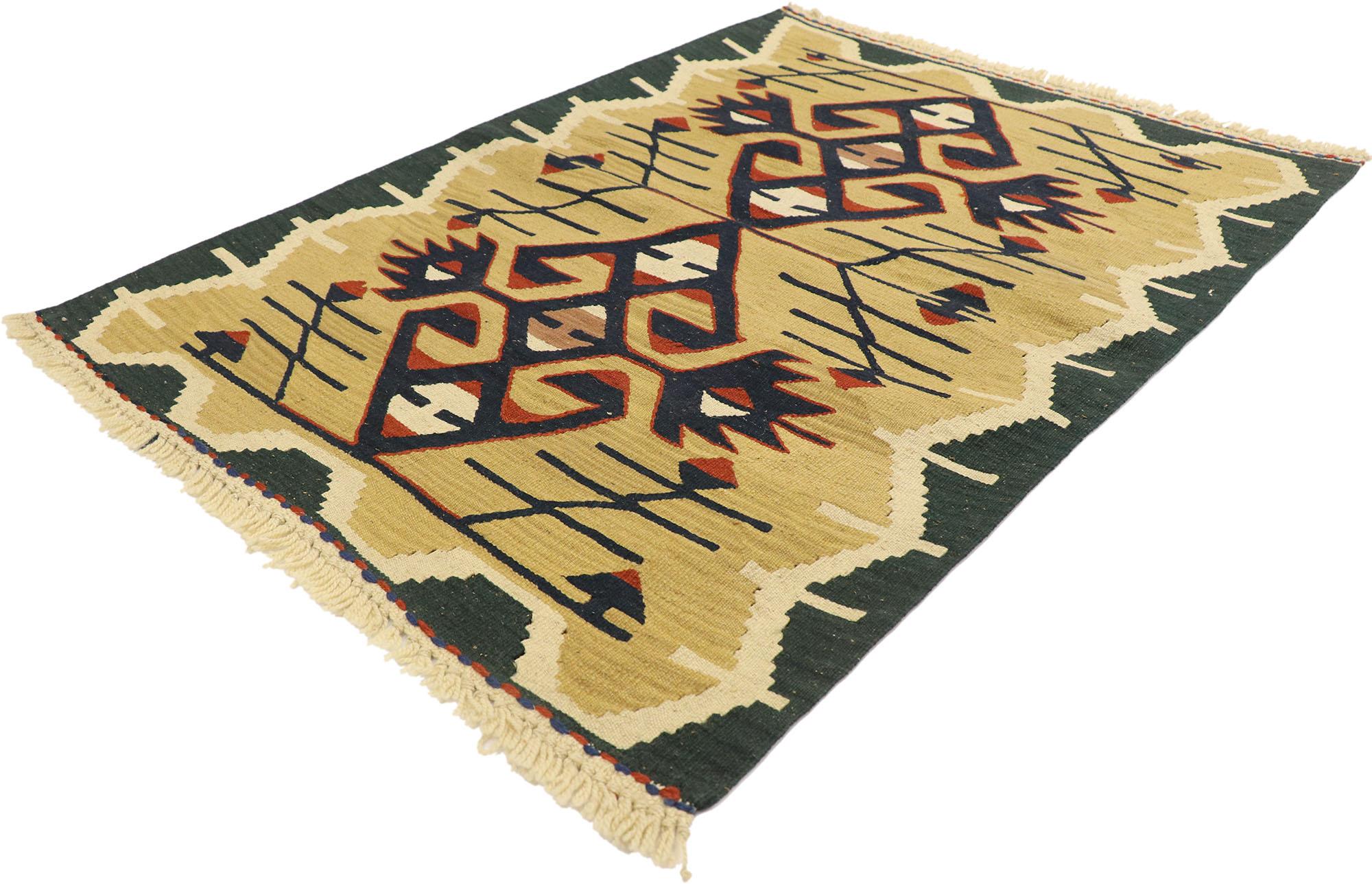 77978 Vintage Persian Shiraz Kilim rug with Tribal Style 02'10 x 03'09. Full of tiny details and a bold expressive design combined with an earthy colorway and tribal style, this hand-woven wool vintage Persian Shiraz kilim rug is a captivating