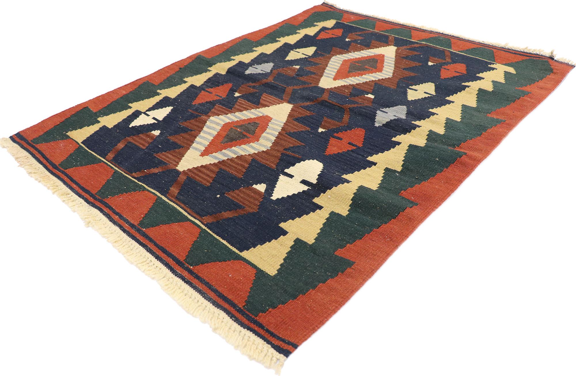 77975 Vintage Persian Shiraz Kilim rug with Tribal Style 03'00 x 04'01. Full of tiny details and a bold expressive design combined with warm colors and tribal style, this hand-woven wool vintage Persian Shiraz kilim rug is a captivating vision of