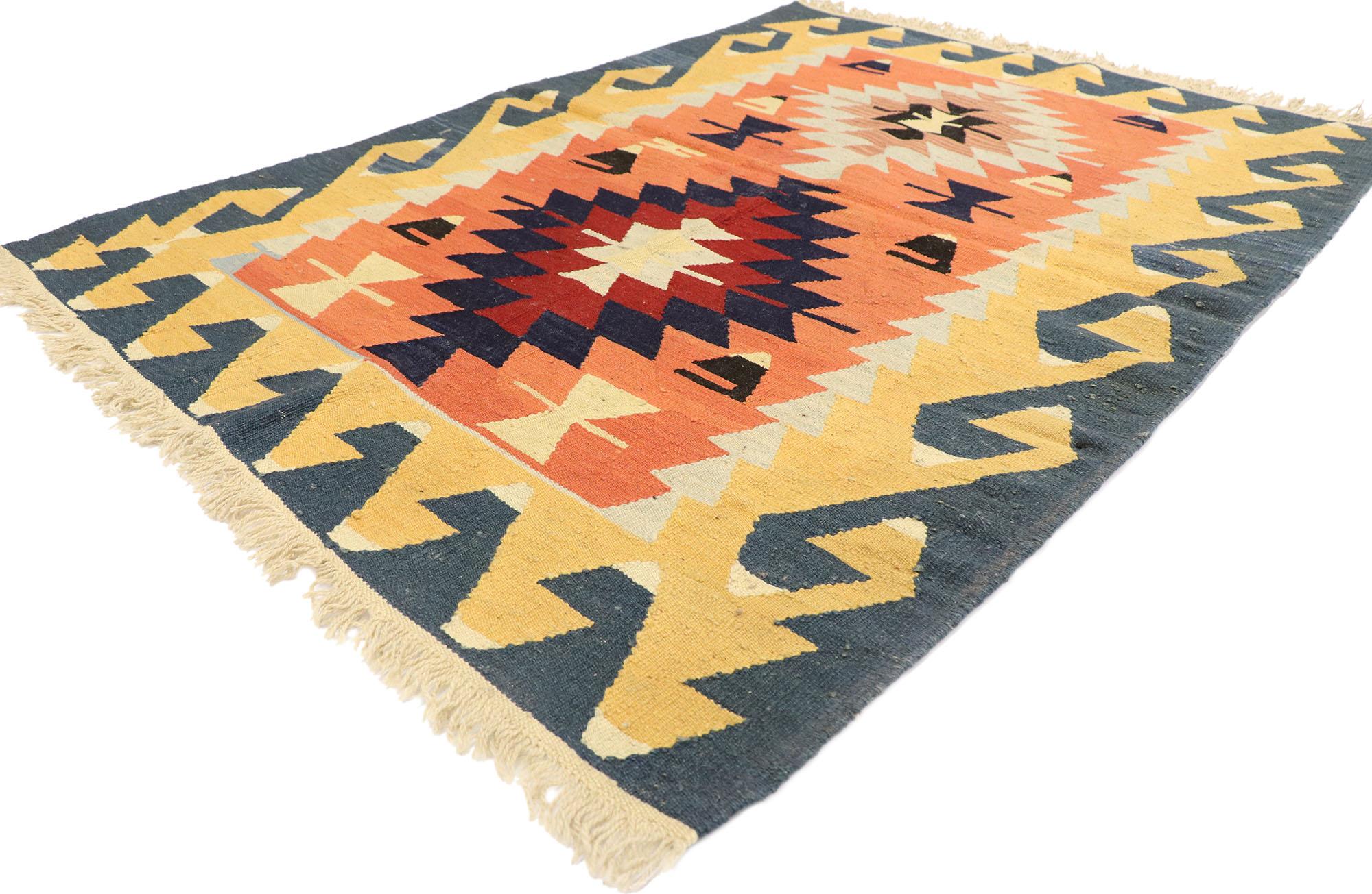 77974 Vintage Persian Shiraz Kilim rug with Tribal Style 03'10 x 05'04. Full of tiny details and a bold expressive design combined with warm colors and tribal style, this hand-woven wool vintage Persian Shiraz kilim rug is a captivating vision of