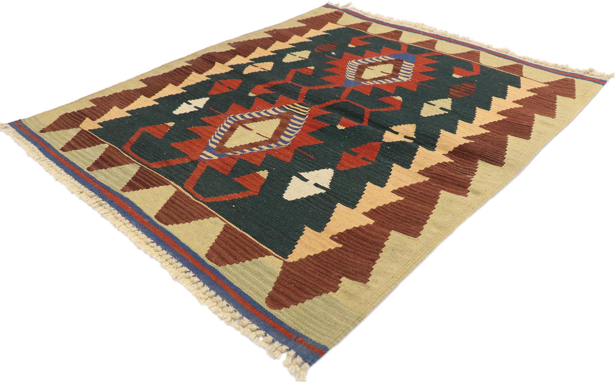 77972 Vintage Persian Shiraz Kilim rug with Tribal Style 03'02 x 03'08. Full of tiny details and a bold expressive design combined with warm colors and tribal style, this hand-woven wool vintage Persian Shiraz kilim rug is a captivating vision of