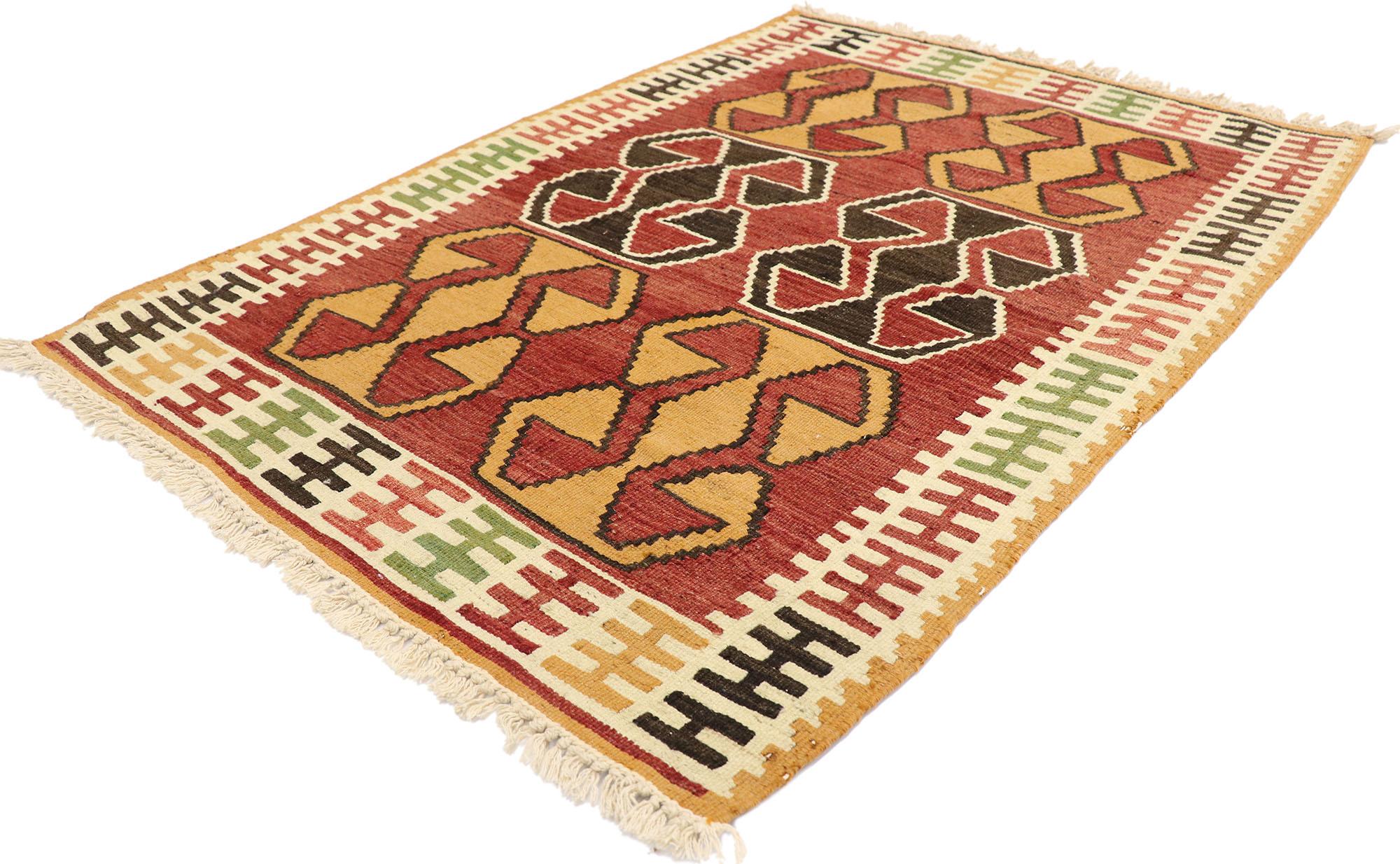77950 Vintage Persian Shiraz Kilim Rug with Tribal Style 02'10 x 03'11. Full of tiny details and a bold expressive design combined with warm colors and tribal style, this hand-woven wool vintage Persian Shiraz kilim rug is a captivating vision of