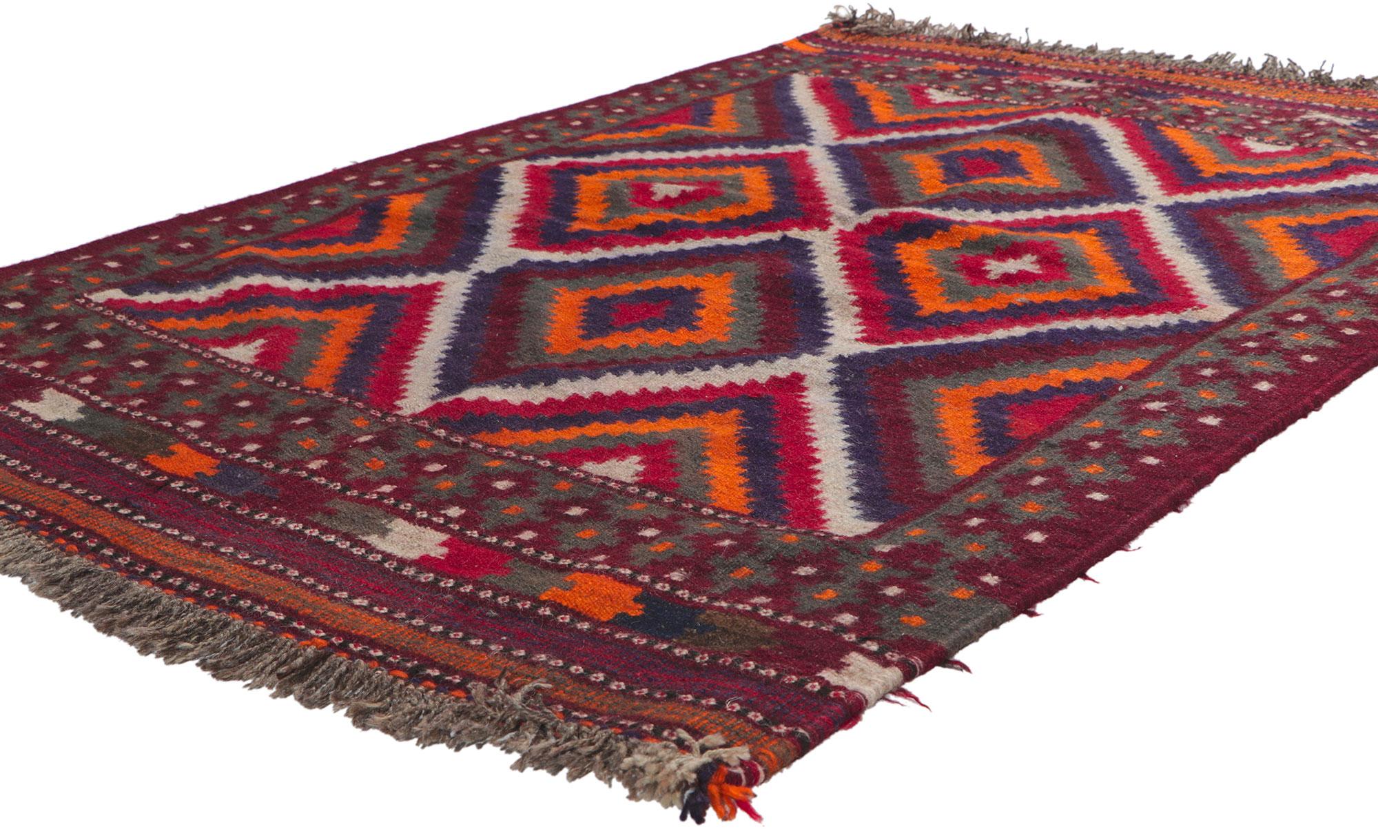 61094 Vintage Persian Shiraz Kilim rug with Tribal Style 03'08 x 05'07. Full of tiny details and tribal style, this hand-woven wool vintage Persian Shiraz kilim rug is a captivating vision of woven beauty. The abrashed field features an all-over