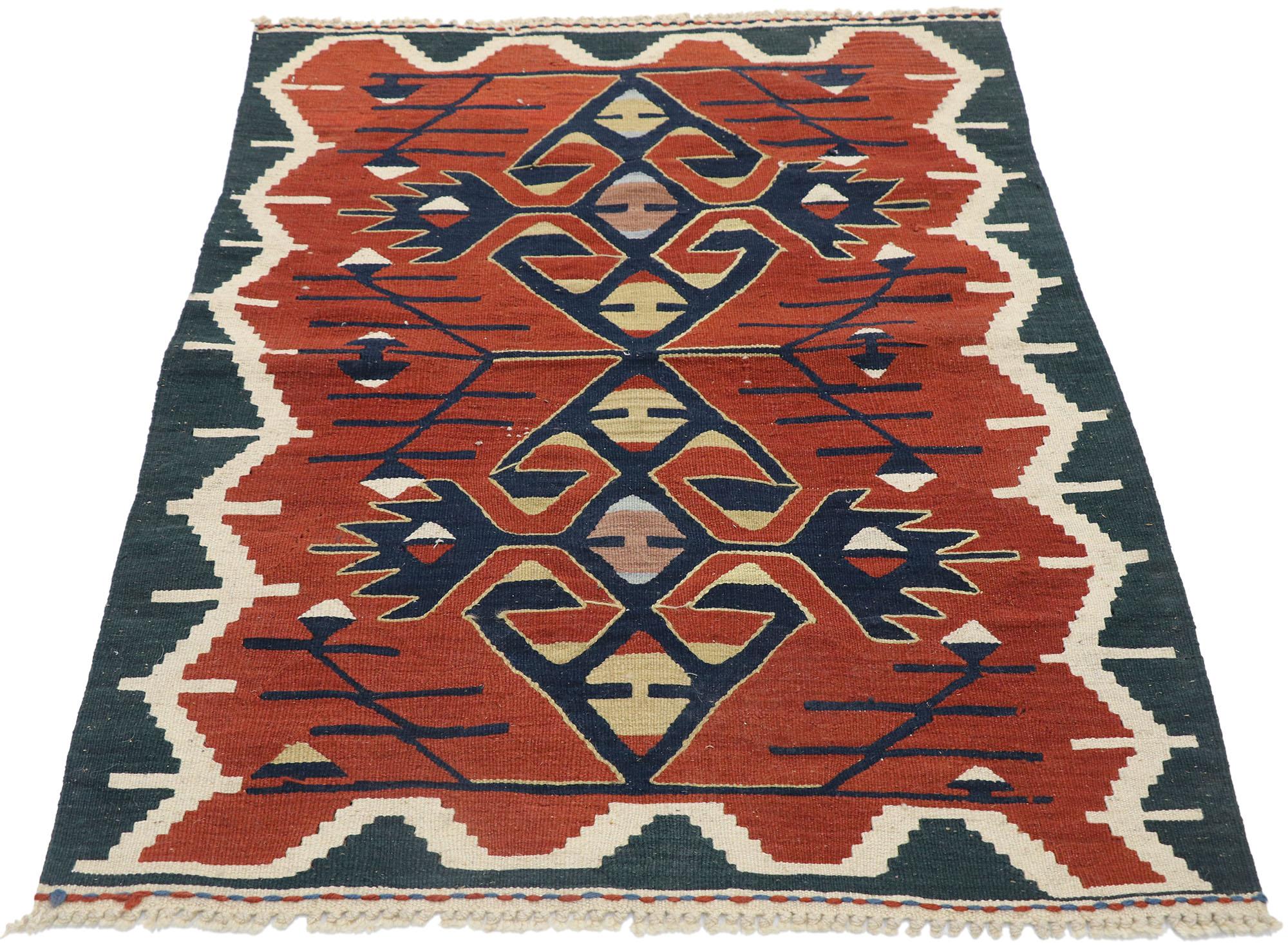 Hand-Woven Vintage Persian Shiraz Kilim Rug, Modern Southwest Style Meets Luxury Lodge For Sale