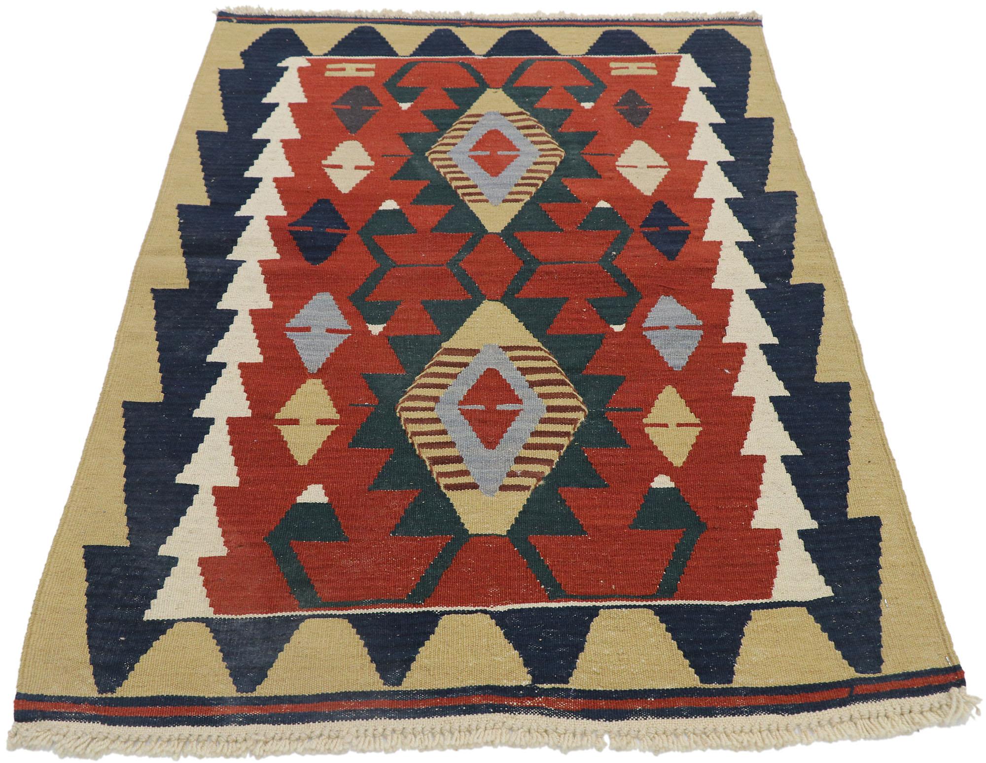 Hand-Woven Vintage Persian Shiraz Kilim Rug, Luxury Lodge Meets Nomadic Charm For Sale