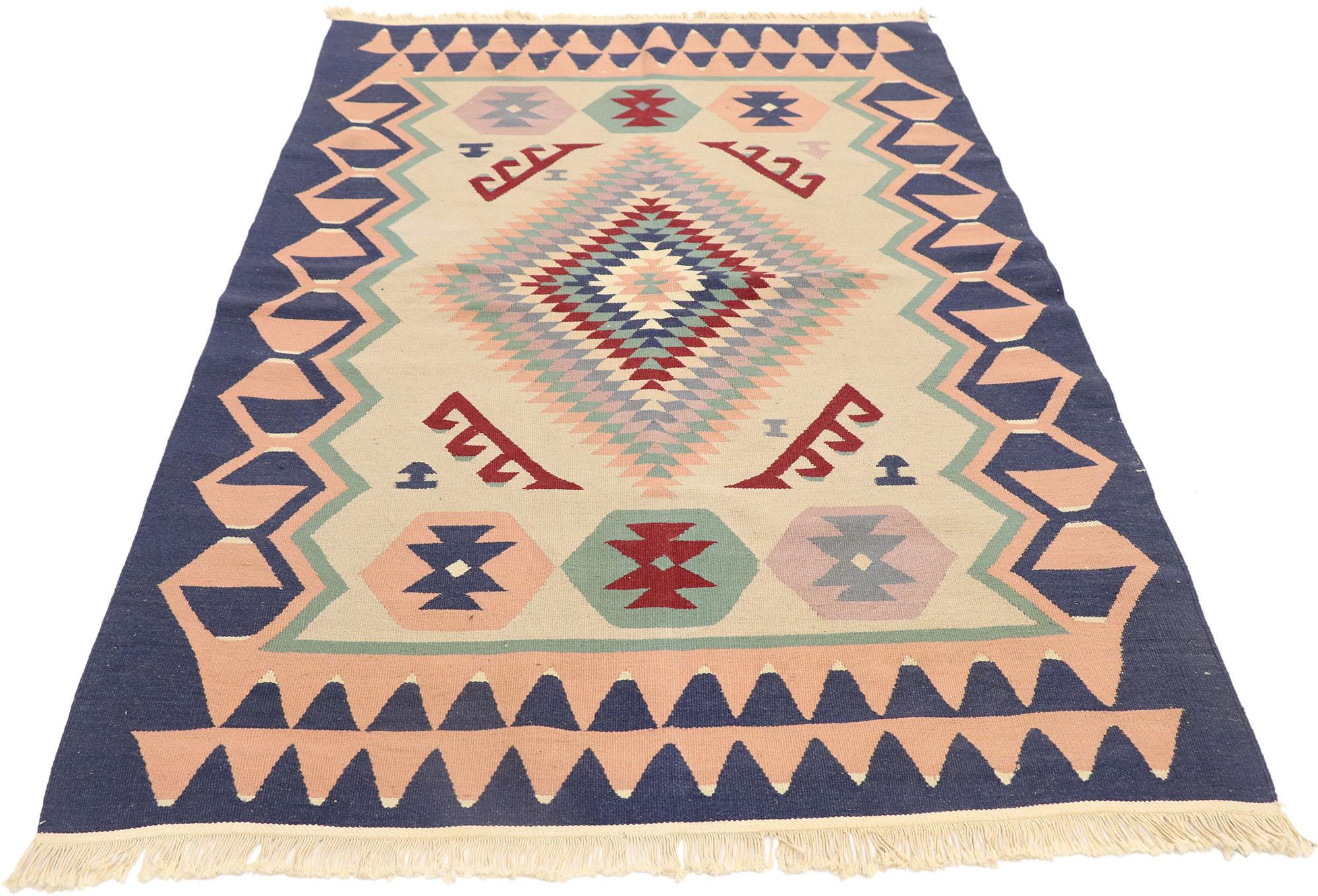 Tribal Vintage Persian Shiraz Kilim Rug, Luxury Lodge Meets Soft Southwest Style For Sale