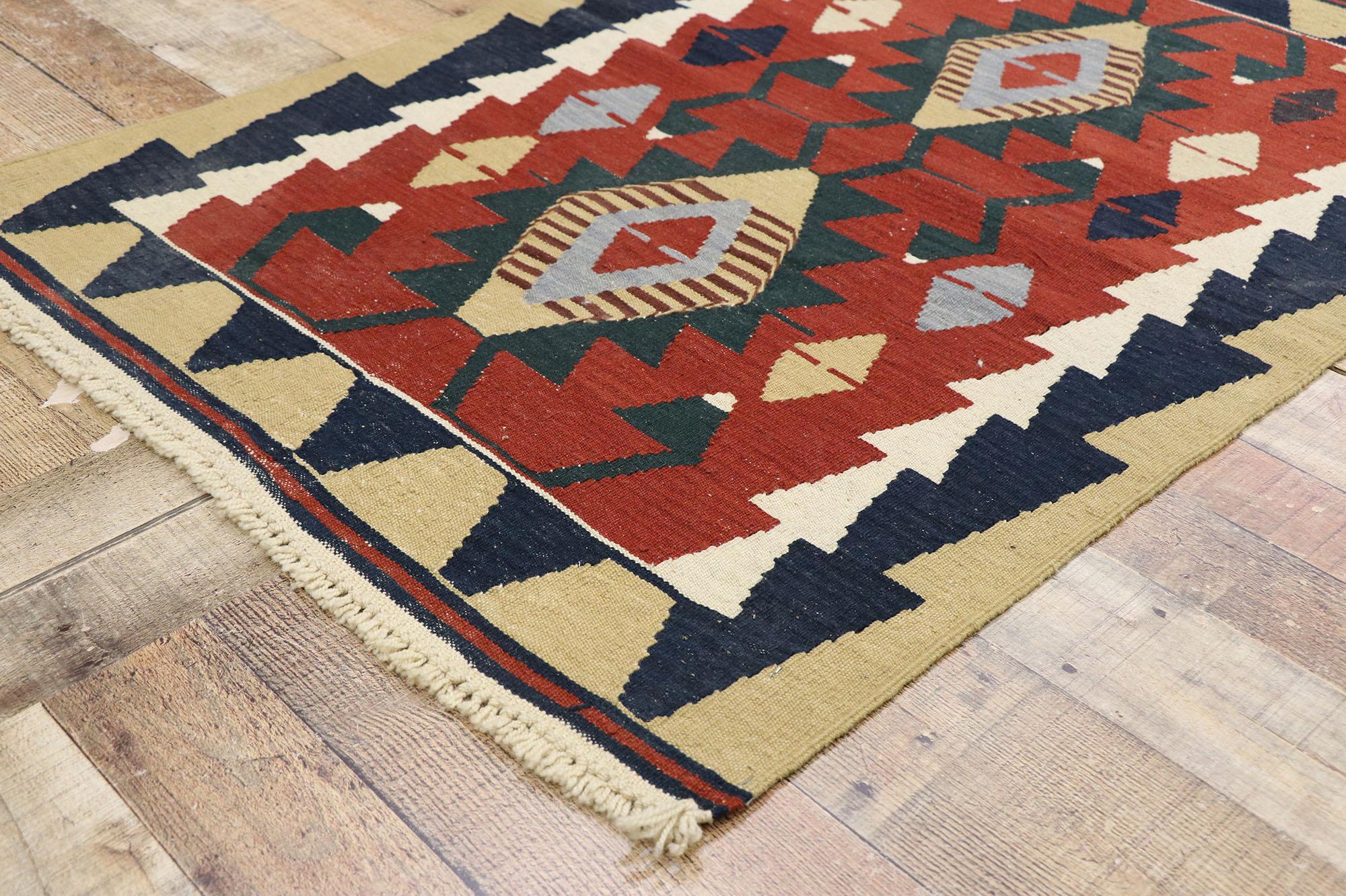 Wool Vintage Persian Shiraz Kilim Rug, Luxury Lodge Meets Nomadic Charm For Sale