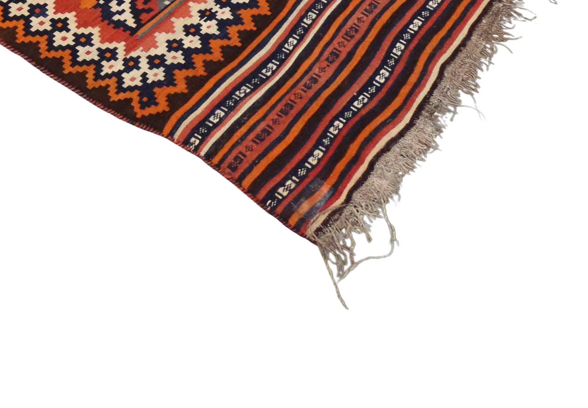 Hand-Woven Vintage Persian Shiraz Kilim Rug with Tribal Style, Flat-Weave Kilim Rug