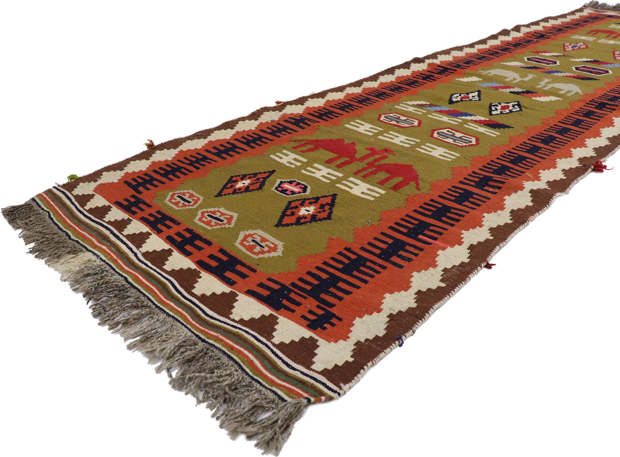 78042 Vintage Persian Shiraz Kilim Runner with Tribal Style 02'10 x 09'00. Full of tiny details and a bold expressive design combined with vibrant colors and tribal style, this hand-woven wool vintage Persian Shiraz kilim runner is a captivating