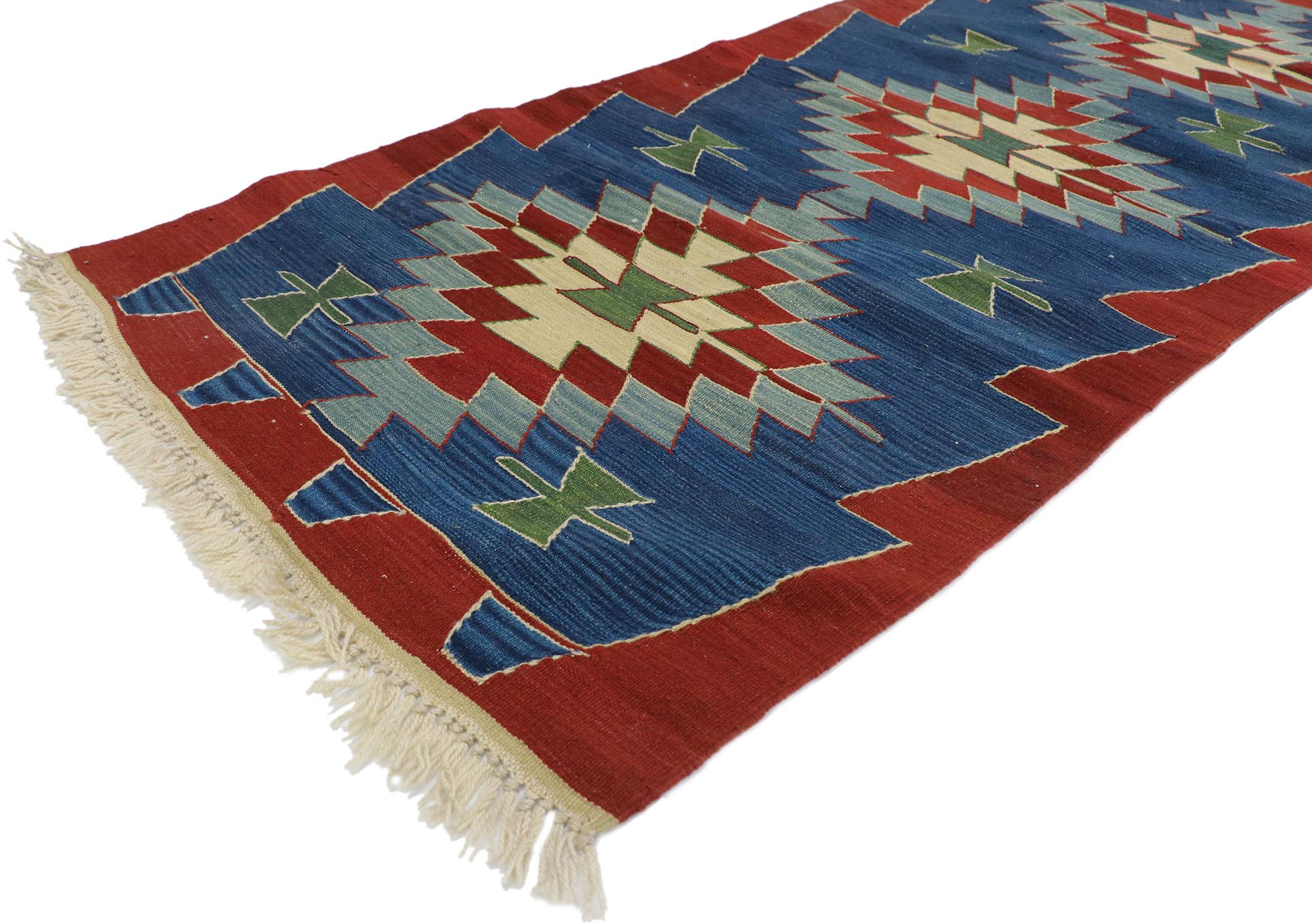78047 vintage Persian Shiraz Kilim Runner with Tribal style 02'08 x 08'01. Full of tiny details and a bold expressive design combined with vibrant colors and tribal style, this hand-woven wool vintage Persian Shiraz kilim runner is a captivating