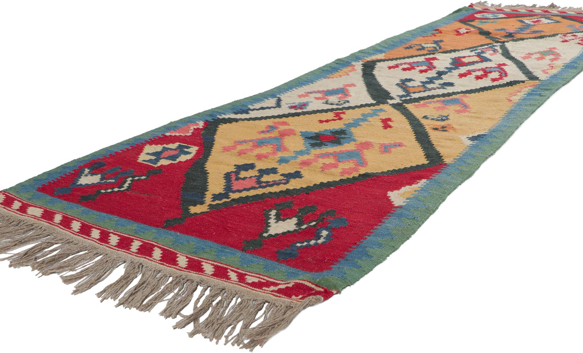 61059 vintage Persian Shiraz Kilim Runner with Tribal style, 02'08 x 10'01. Full of tiny details and a bold expressive design, this hand-woven wool vintage Persian Shiraz kilim runner is a captivating vision of woven beauty. The abrashed field