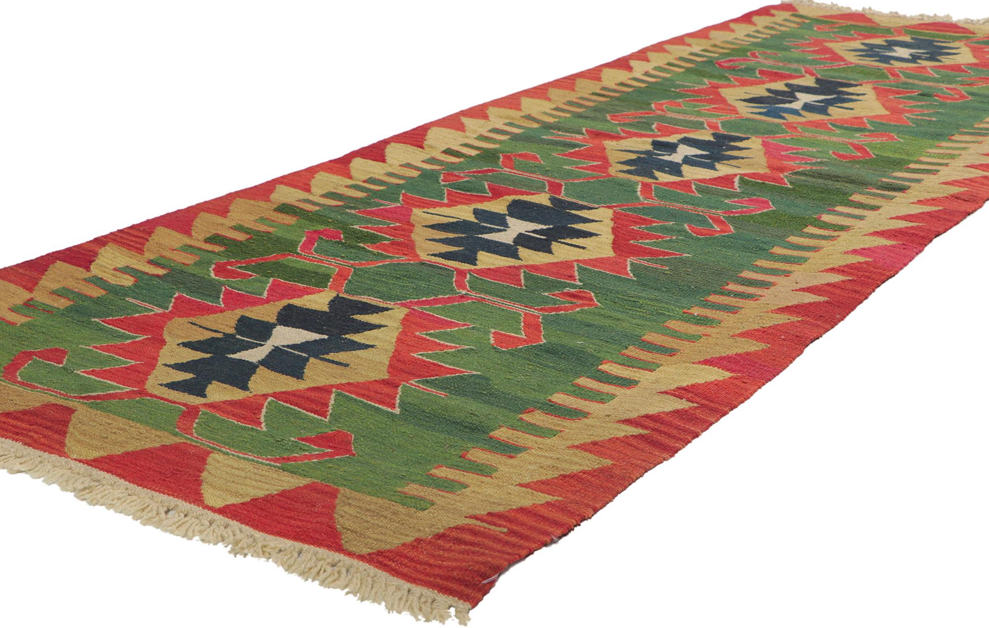 77604 Vintage Persian Shiraz Kilim Runner with Tribal Style, 02'09 x 07'08. Full of tiny details and a bold expressive design combined with vibrant colors and tribal style, this hand-woven wool vintage Persian Shiraz kilim runner is a captivating