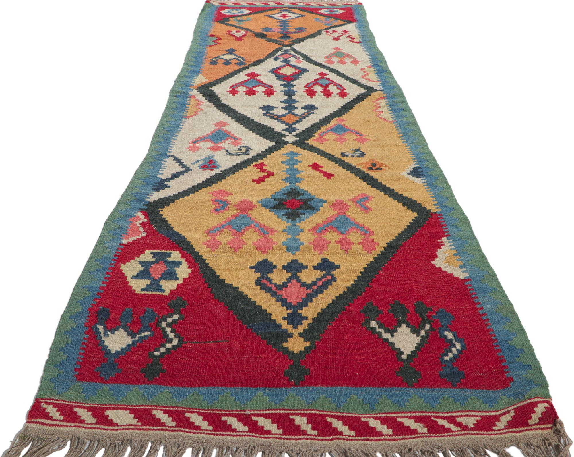 Hand-Woven Vintage Persian Shiraz Kilim Runner, Western Chic Meets Nomadic Charm For Sale