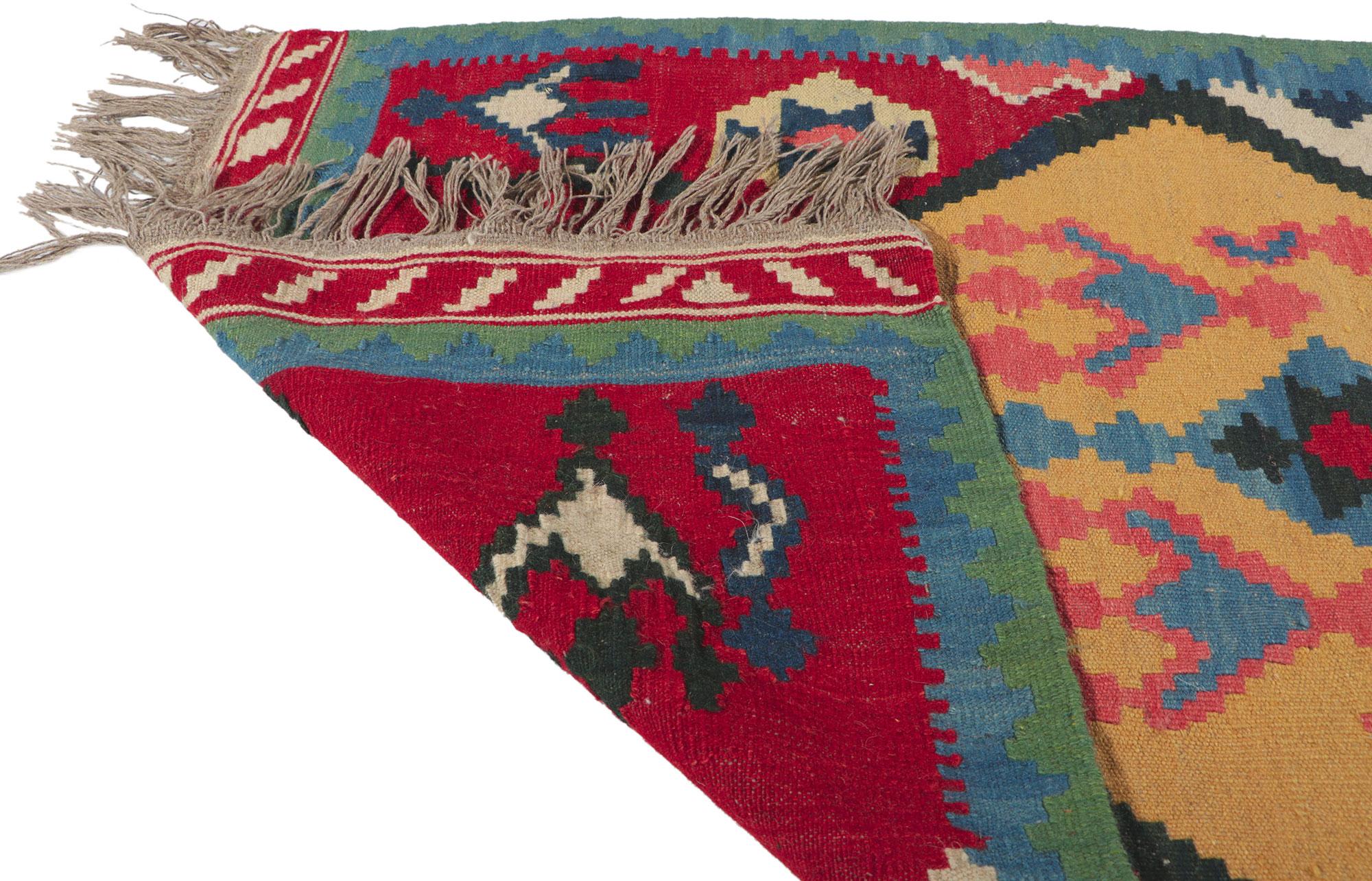 Vintage Persian Shiraz Kilim Runner, Western Chic Meets Nomadic Charm In Good Condition For Sale In Dallas, TX