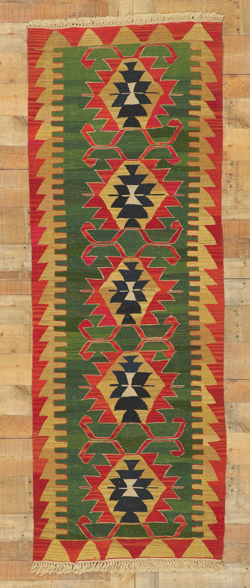 Vintage Persian Shiraz Kilim Runner, Luxury Lodge Meets Western Chic In Good Condition For Sale In Dallas, TX