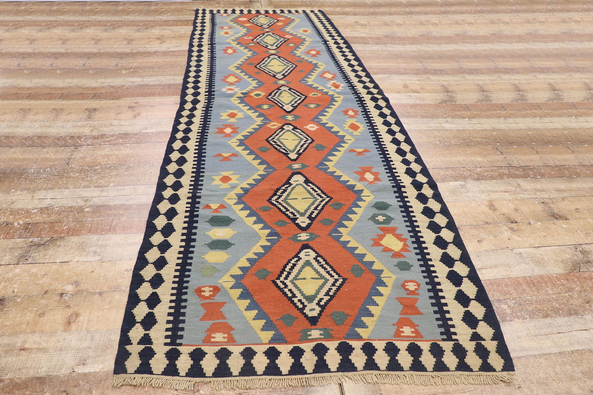 Wool Vintage Persian Shiraz Kilim Runner, Modern Desert Style Meets Southwest Boho For Sale