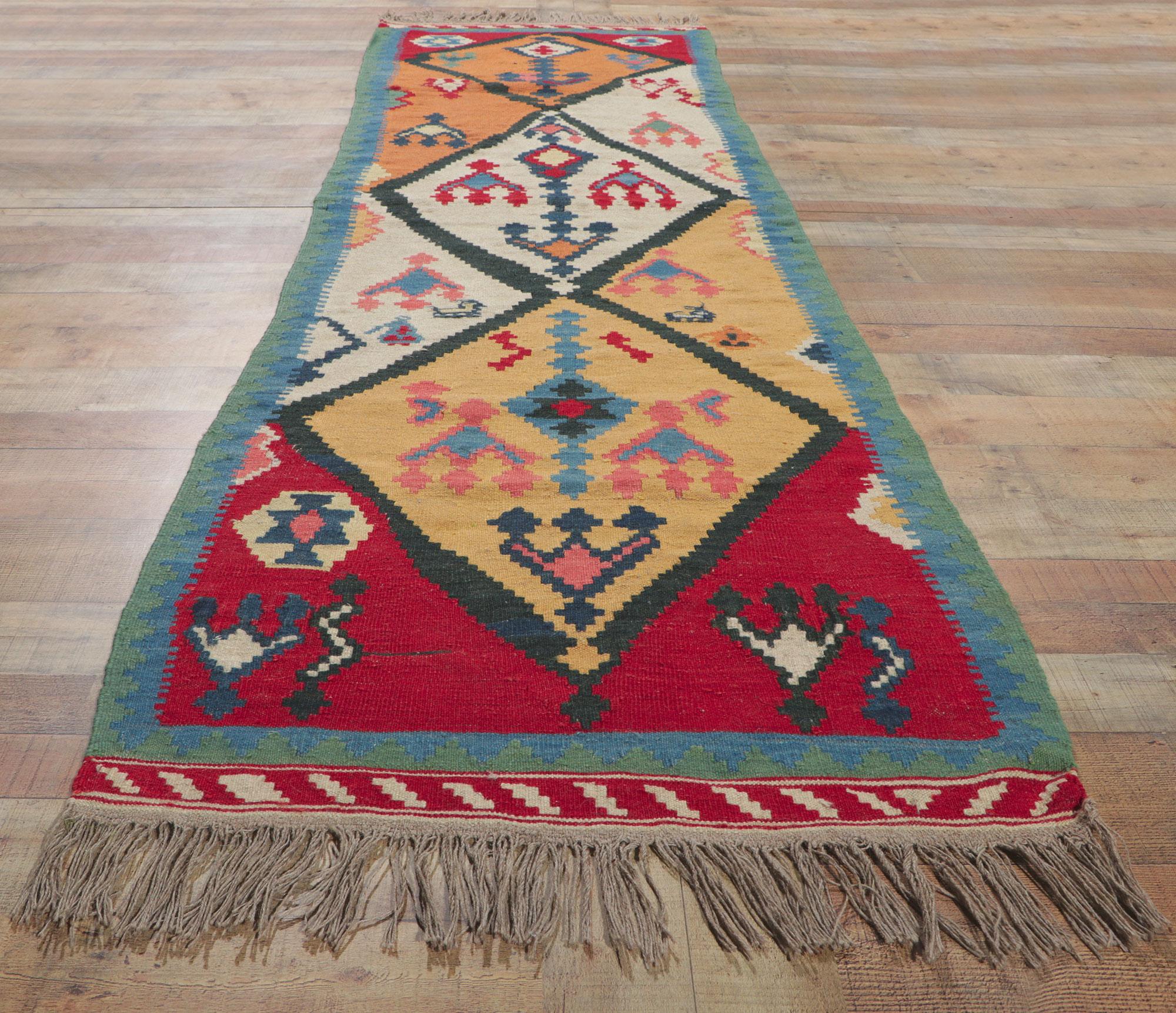 Wool Vintage Persian Shiraz Kilim Runner, Western Chic Meets Nomadic Charm For Sale