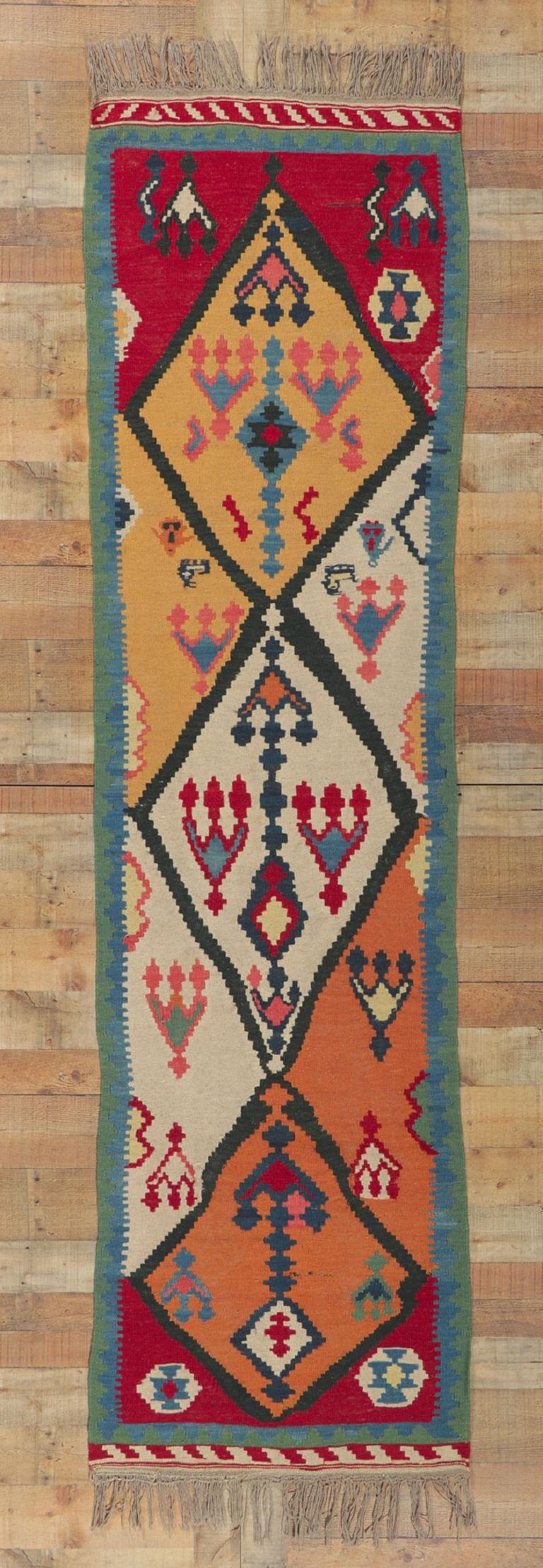 Vintage Persian Shiraz Kilim Runner, Western Chic Meets Nomadic Charm For Sale 1
