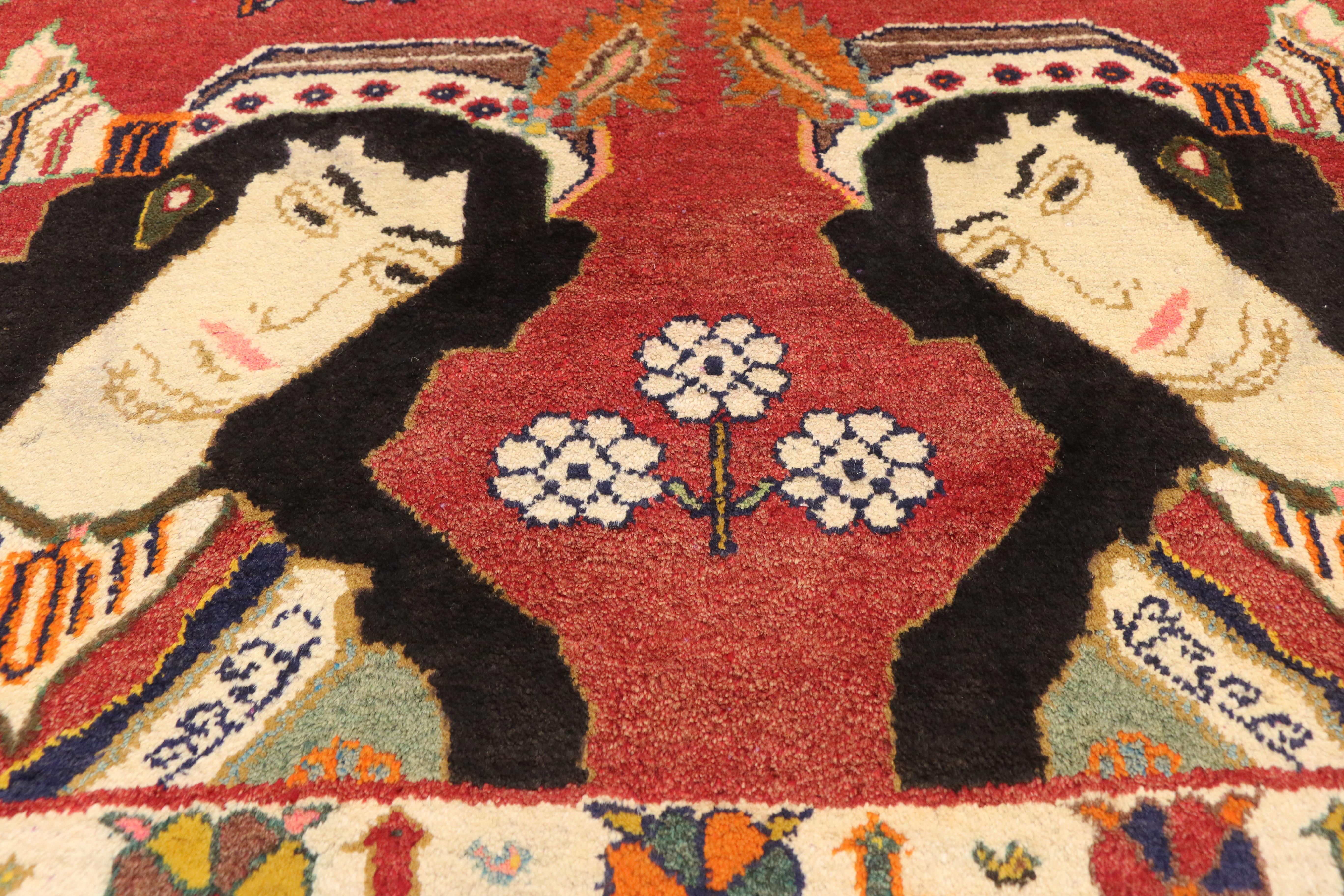 Persischer Shiraz-pictorial-Teppich im Vintage-Stil, Wandbehang, persischer Wandteppich (Handgeknüpft) im Angebot