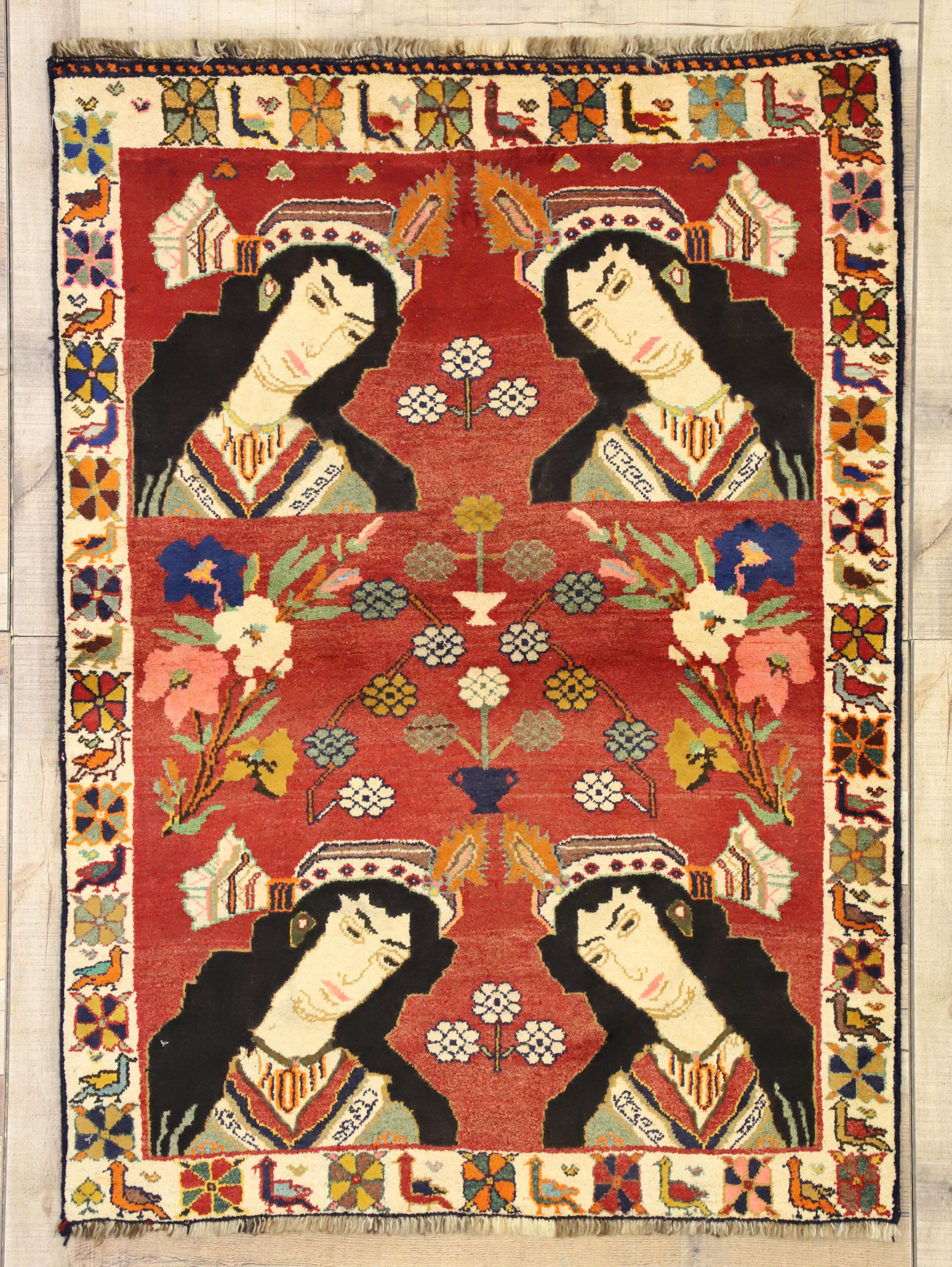Persischer Shiraz-pictorial-Teppich im Vintage-Stil, Wandbehang, persischer Wandteppich (Wolle) im Angebot