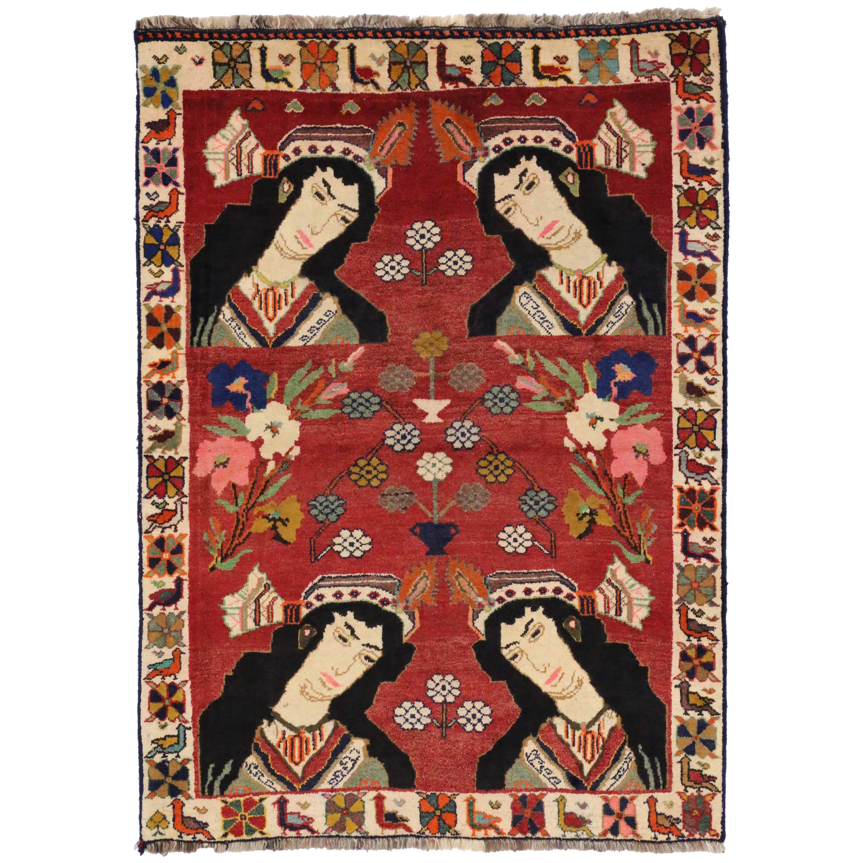 Vintage Persian Shiraz Pictorial Rug, Wall Hanging, Persian Tapestry